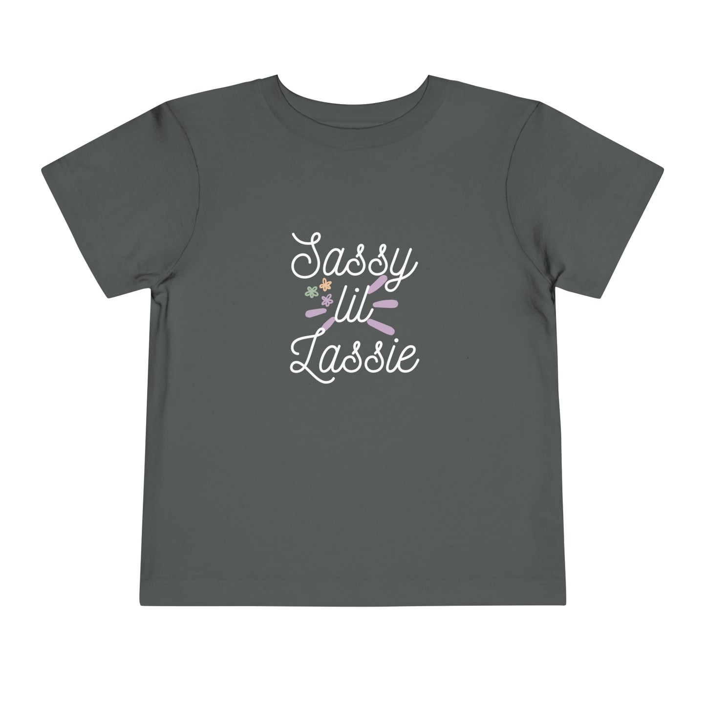 Comfortable funny graphic toddler tee stating 'Sassy Lil Lassie' in color asphalt
