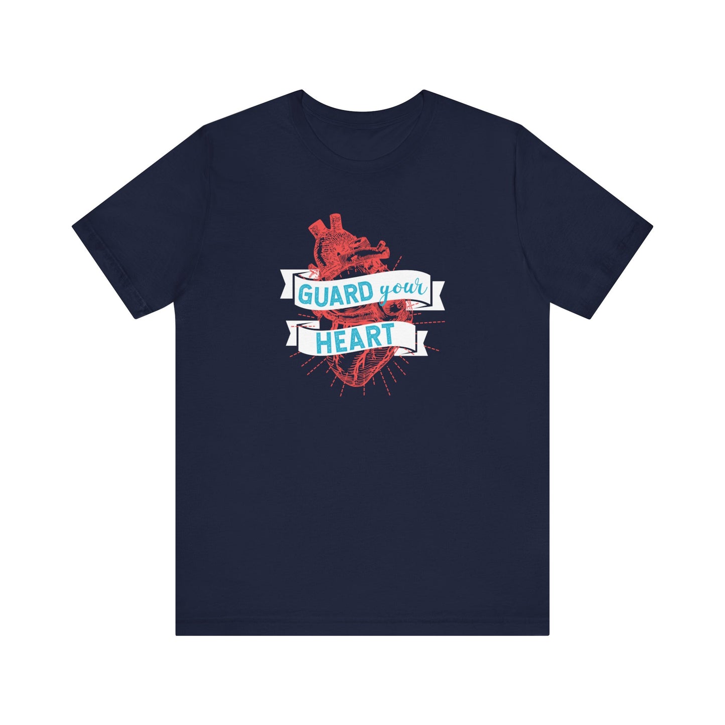 A cotton graphic tee stating 'Guard Your Heart' in color navy