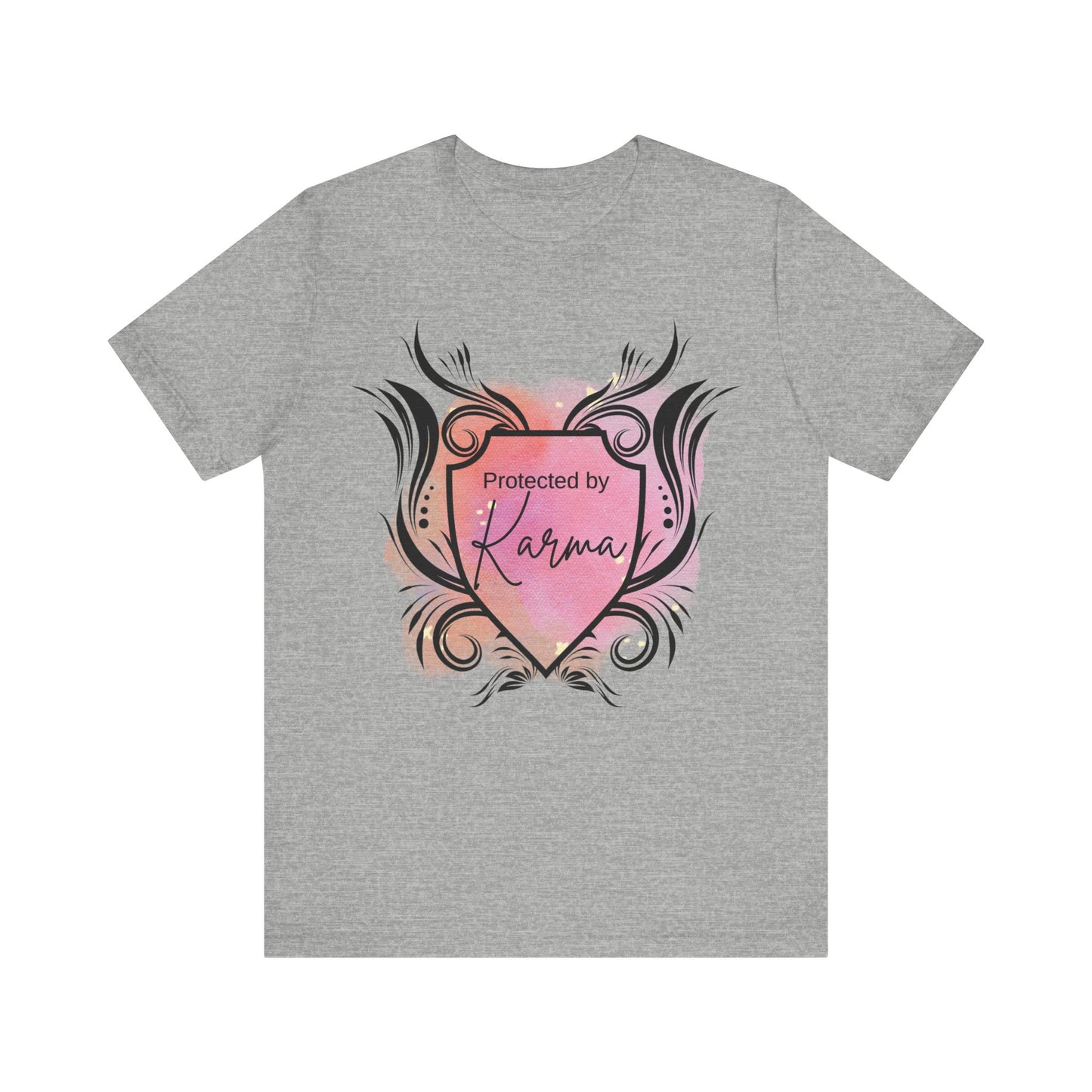 graphic tee stating Protected By Karma in color athletic heather
