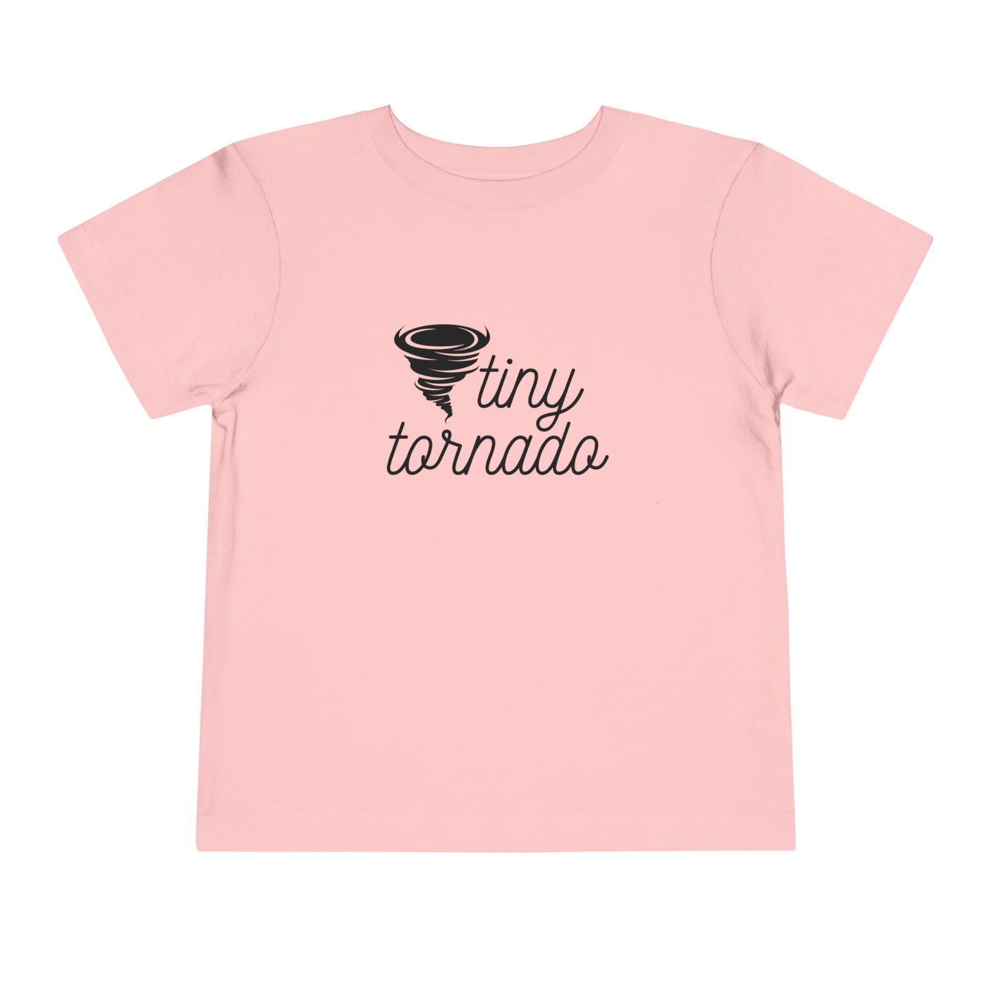 Comfortable funny graphic toddler tee stating 'Tiny Tornado' in color pink
