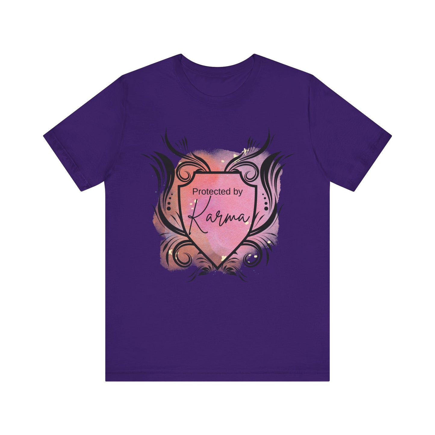 graphic tee stating Protected By Karma in color purple