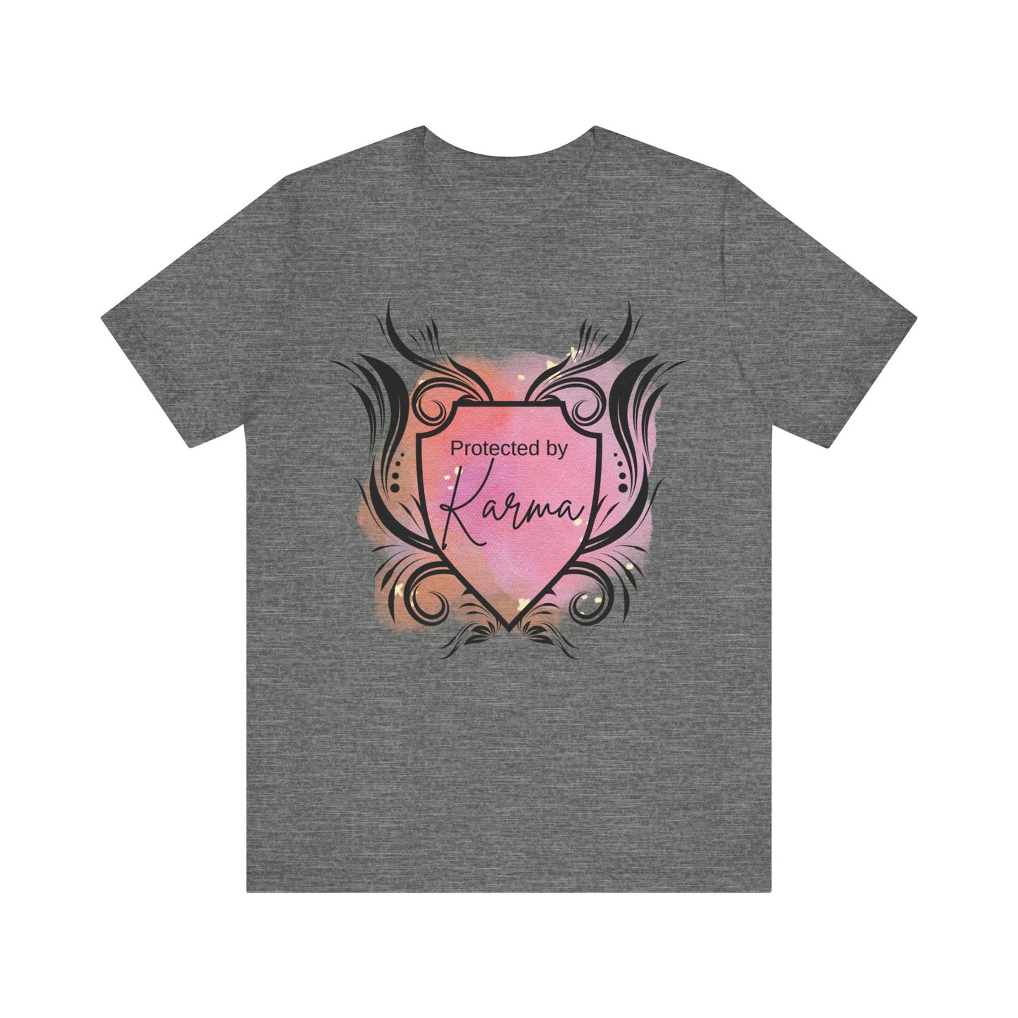 graphic tee stating Protected By Karma in color deep heather