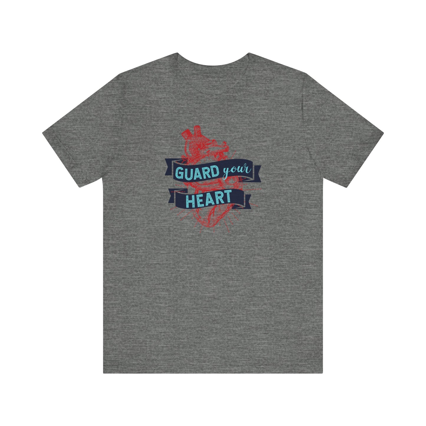 A cotton graphic tee stating 'Guard Your Heart' in color deep heather
