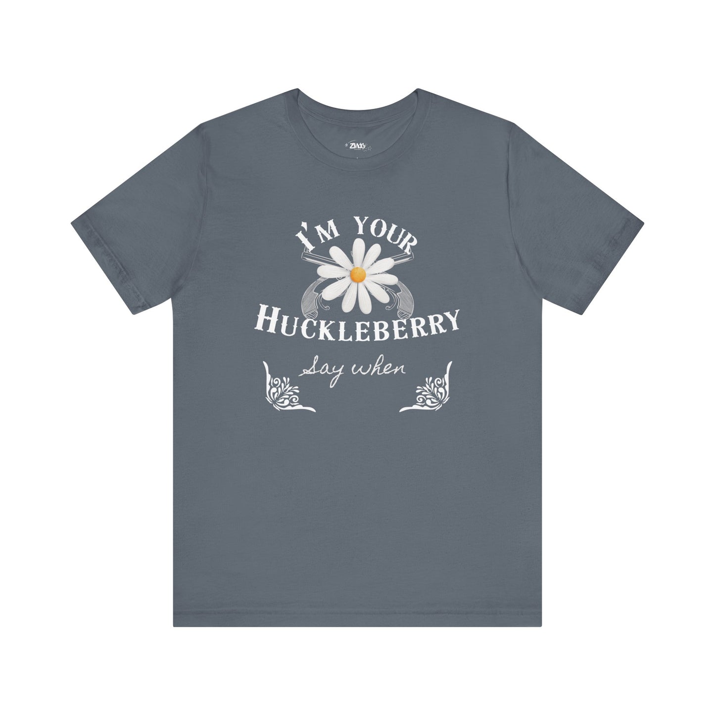 comfortable graphic t-shirt stating I'm Your Huckleberry - Say When in color asphalt