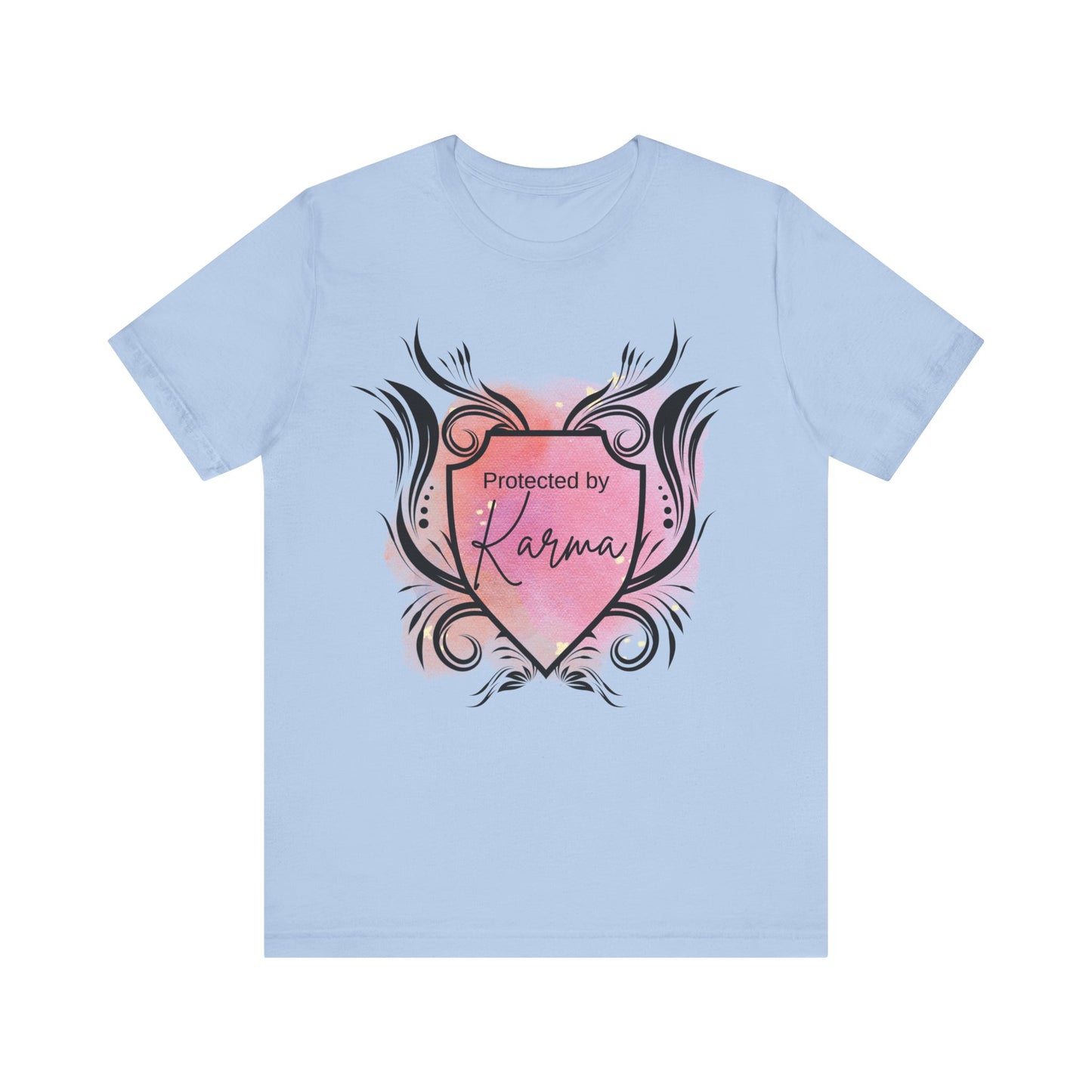graphic tee stating Protected By Karma in color baby blue