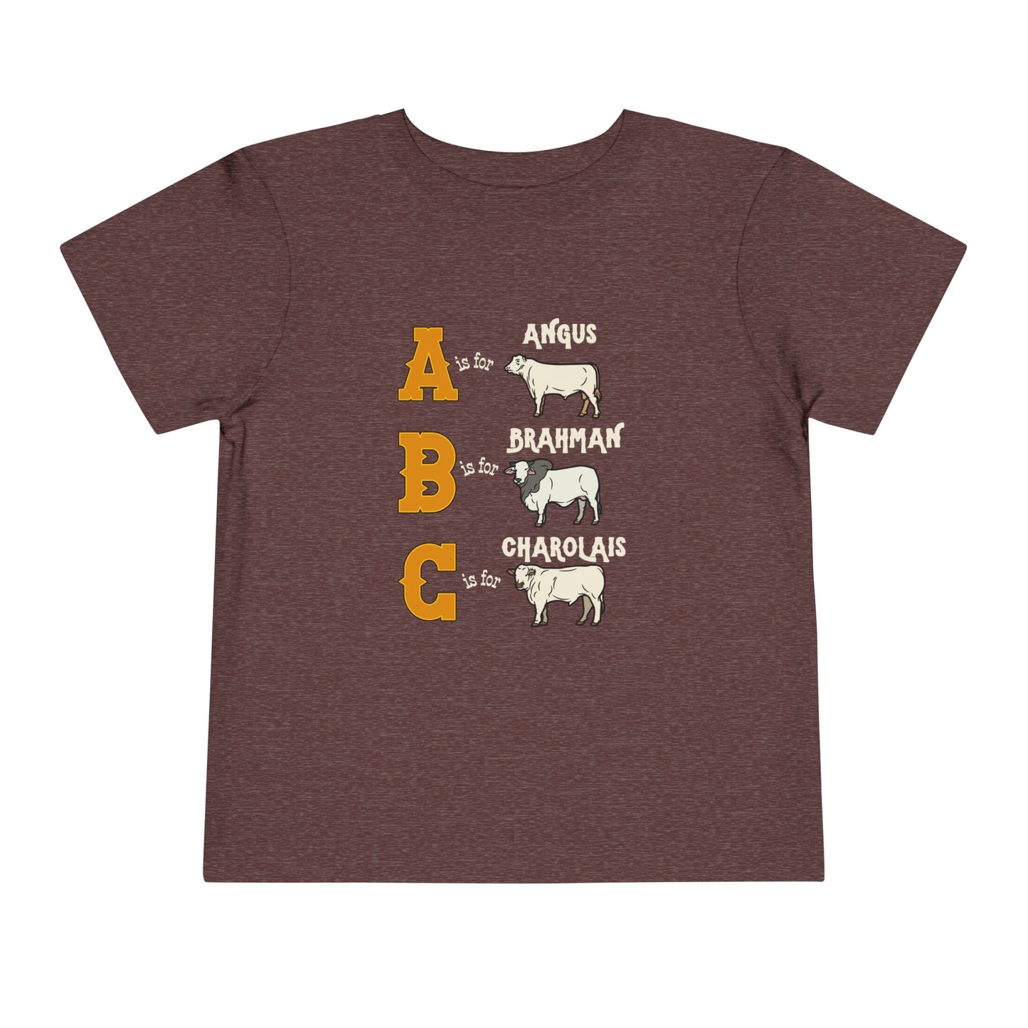 Comfy southern toddler tee stating 'A is for Angus. B is for Brahman. C is for Charolais.' in color heather maroon