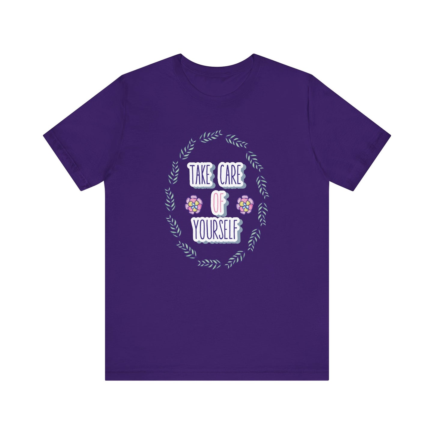 Woman's good vibe graphic tee stating 'Take Care of Yourself' in color purple