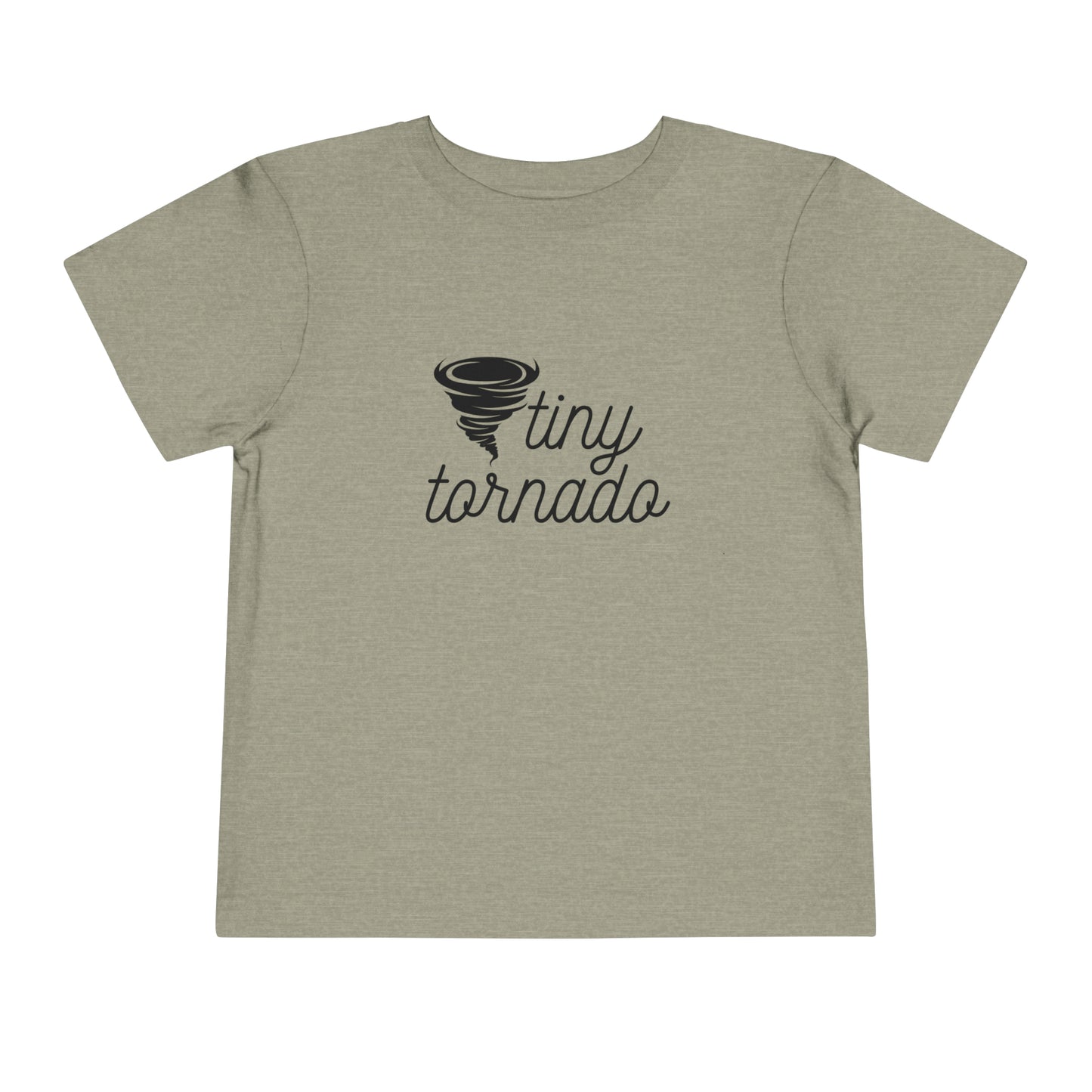 Comfortable funny graphic toddler tee stating 'Tiny Tornado' in color stone heather