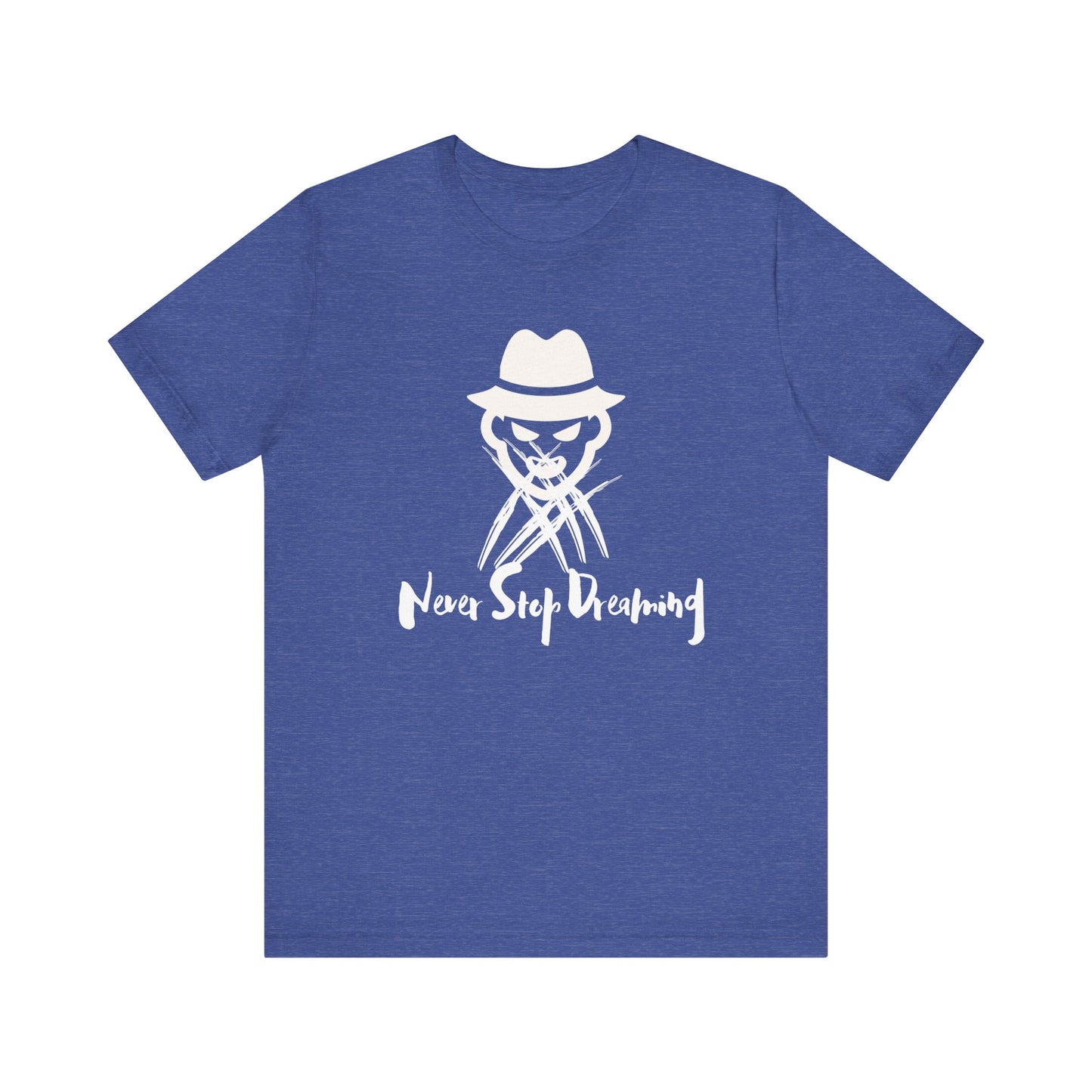Comfortable Halloween unisex tee with Freddy Kruegar that states 'Never Stop Dreaming' in color true royal blue