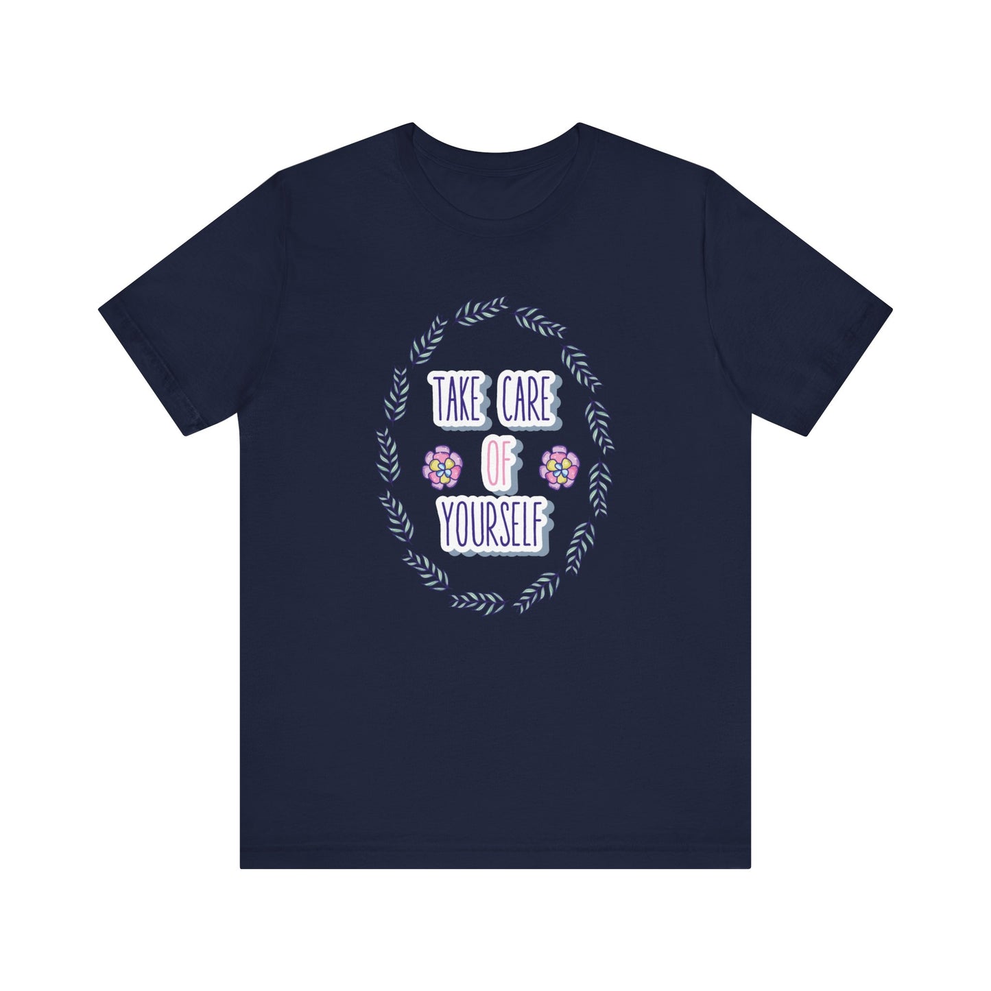 Woman's good vibe graphic tee stating 'Take Care of Yourself' in color navy