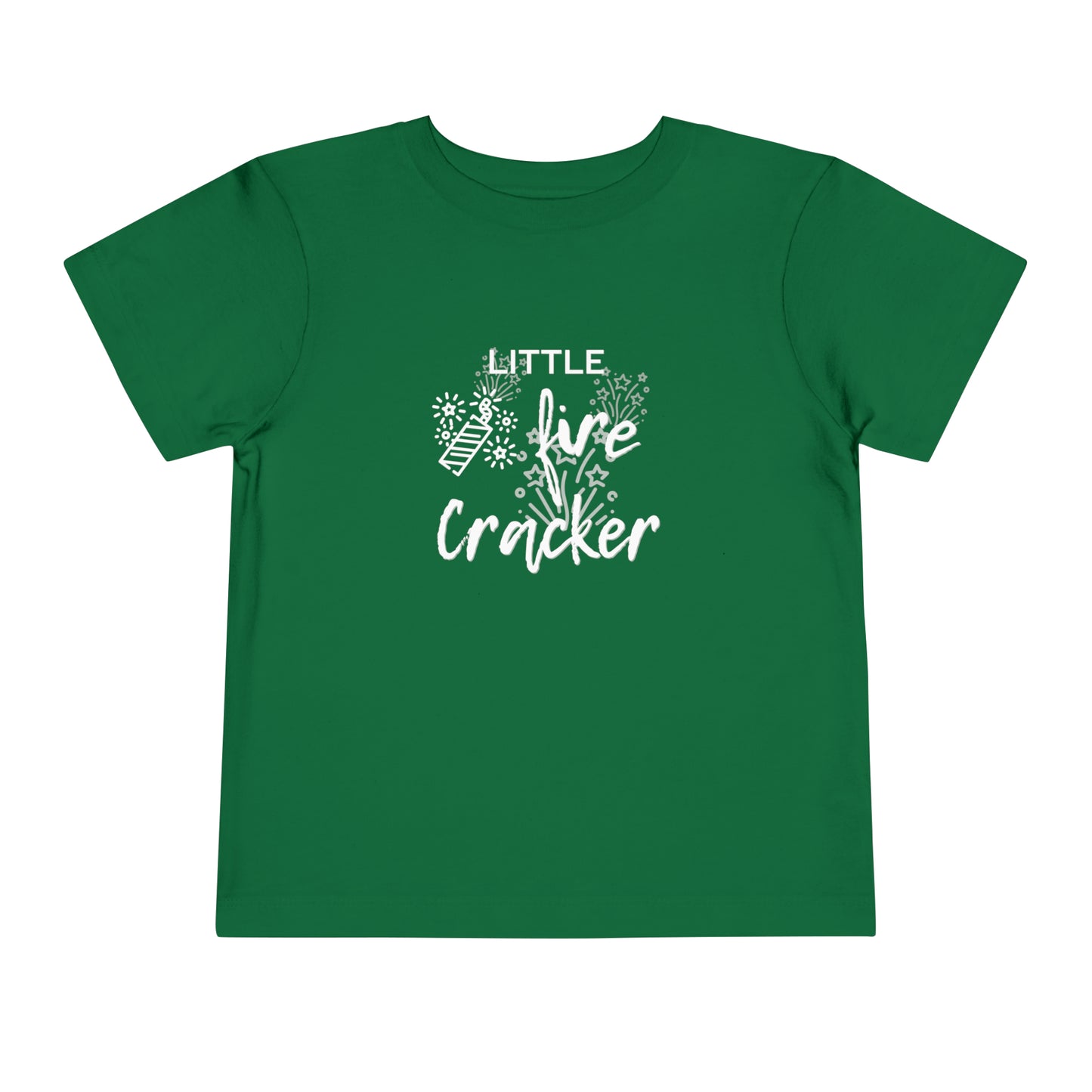 Comfortable funny graphic toddler tee stating 'Little Fire Cracker' in color kelly