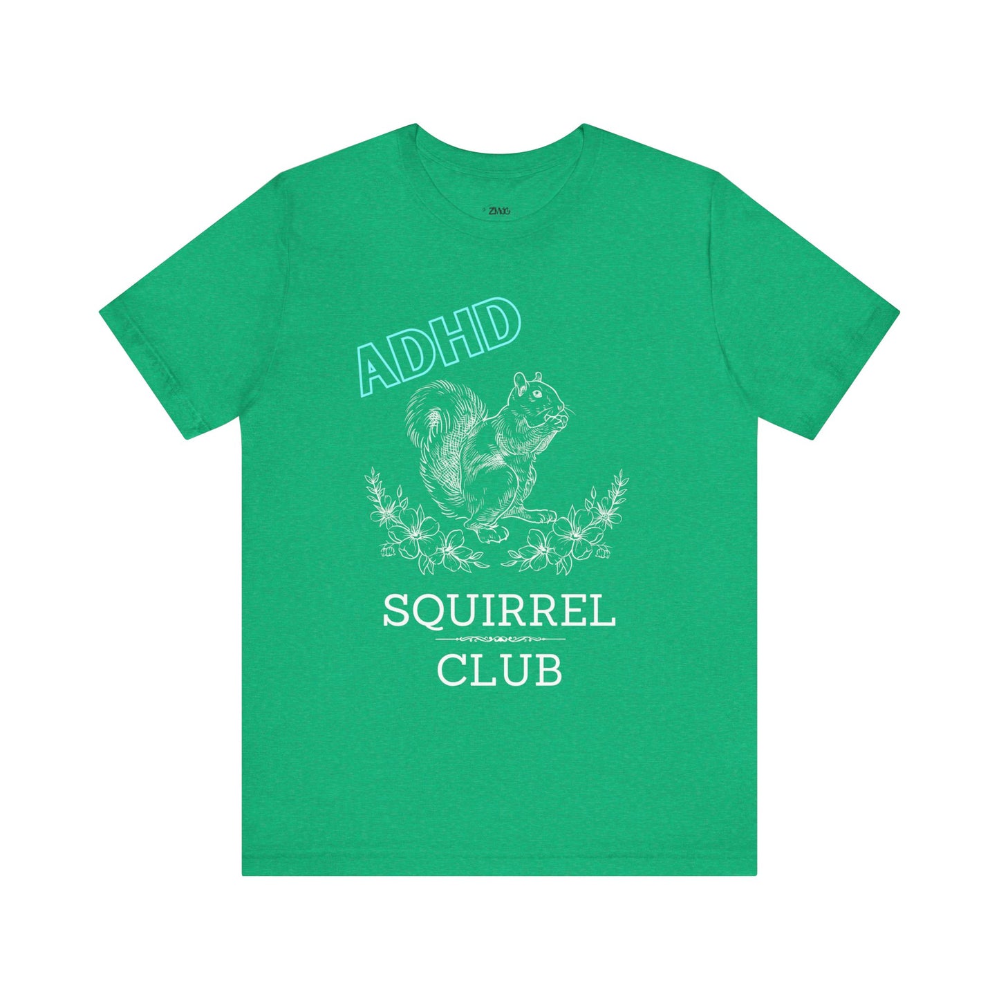 Comfortable women graphic tee stating 'ADHD Squirrel Club' in color heather kelly