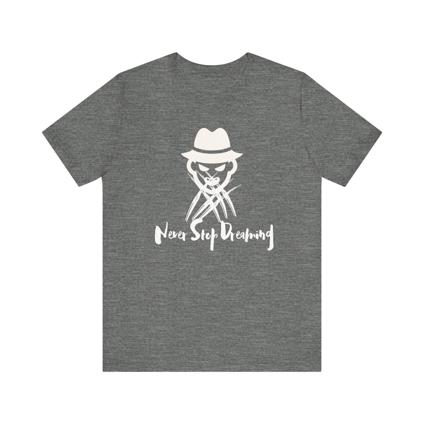 Comfortable Halloween unisex tee with Freddy Kruegar that states 'Never Stop Dreaming' in color deep heather