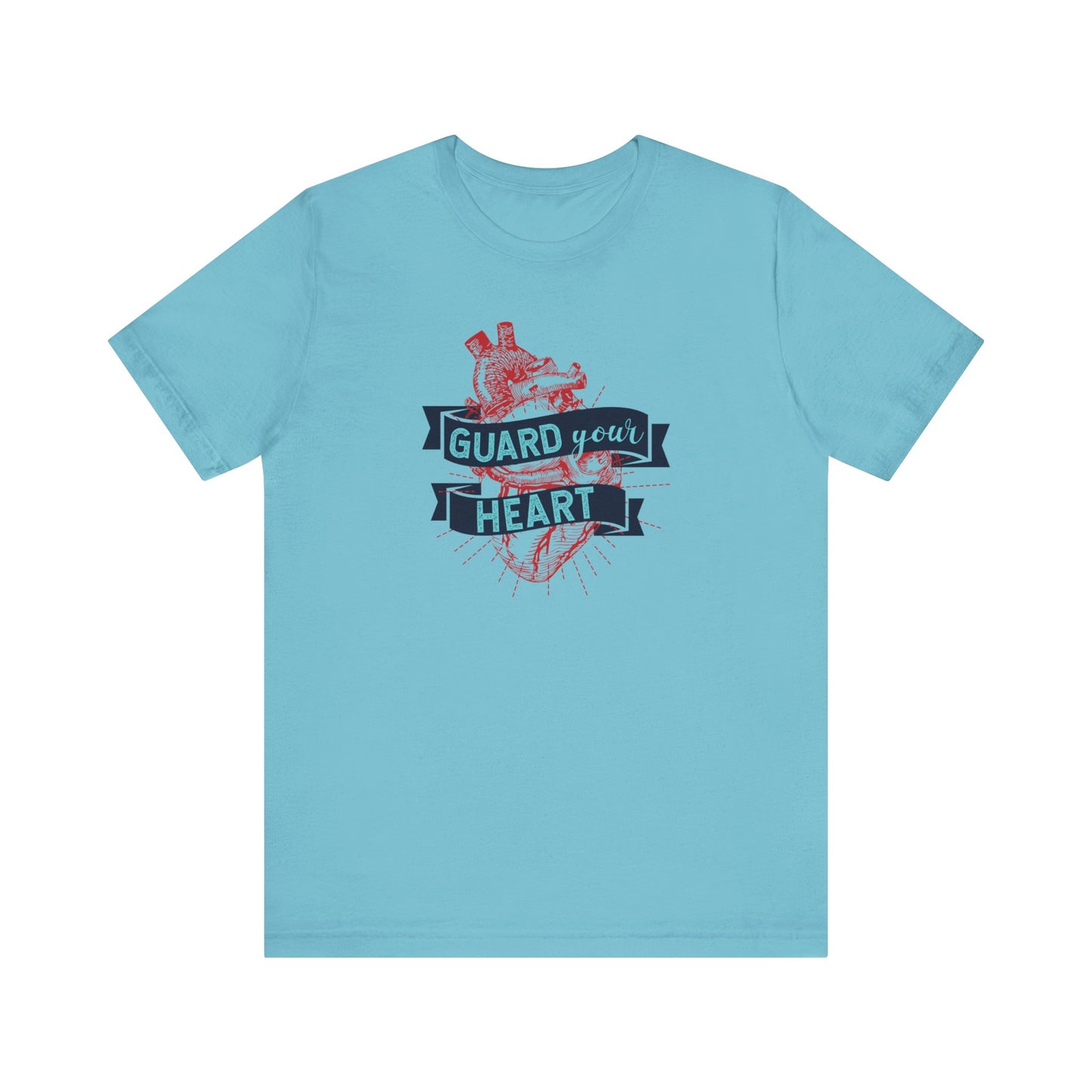A cotton graphic tee stating 'Guard Your Heart' in color turquoise