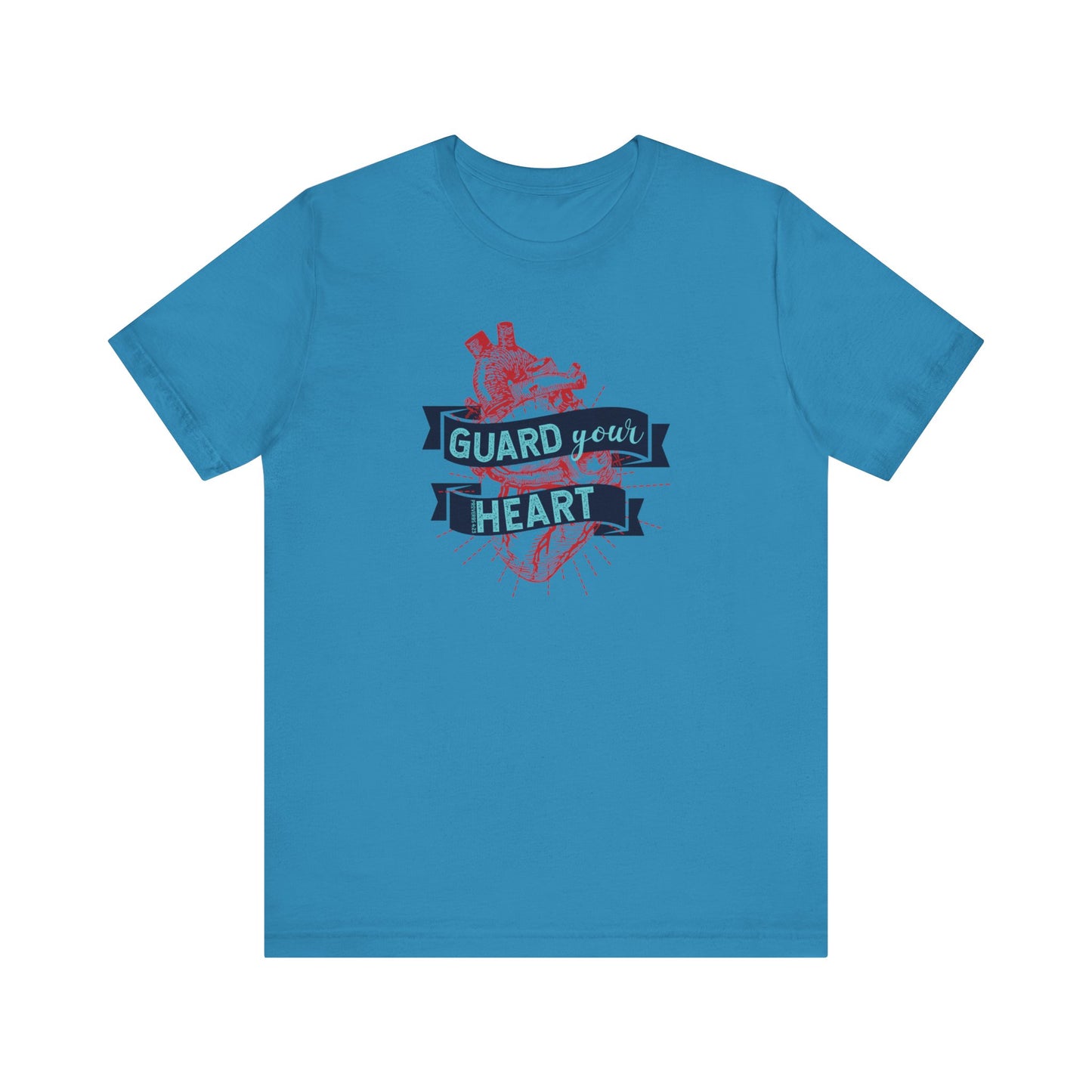 A cotton graphic tee stating 'Guard Your Heart' in color aqua