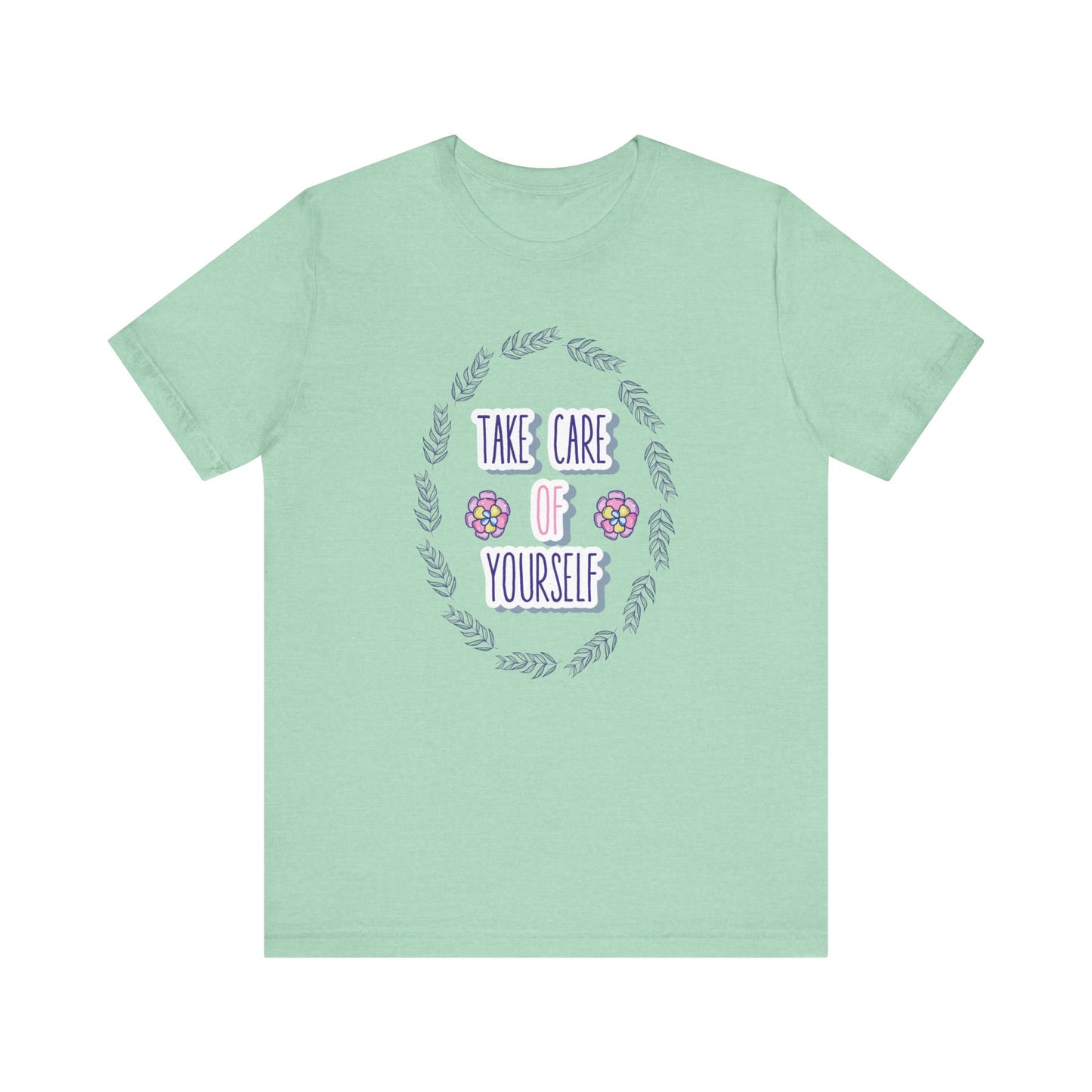 Woman's good vibe graphic tee stating 'Take Care of Yourself' in color mint athletic