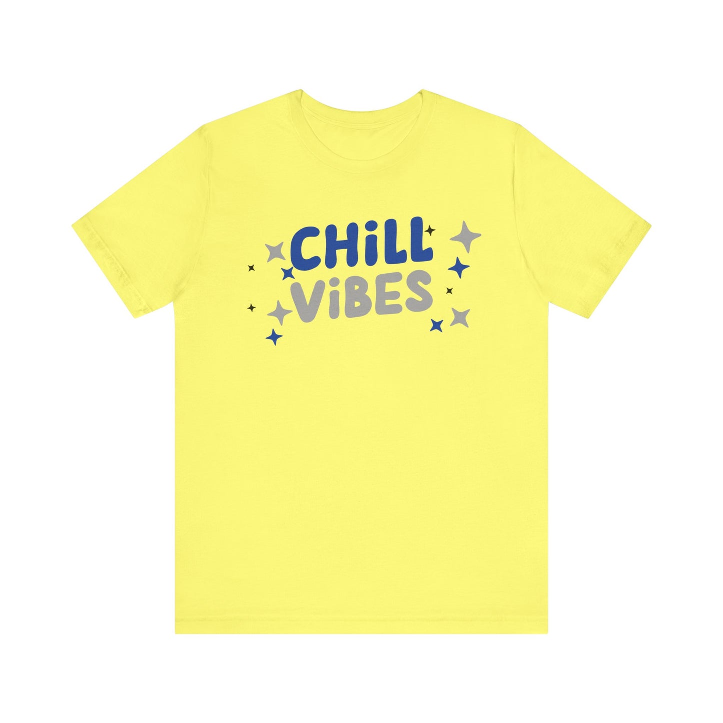 Cotton graphic tee stating 'Chill Vibes' in color yellow
