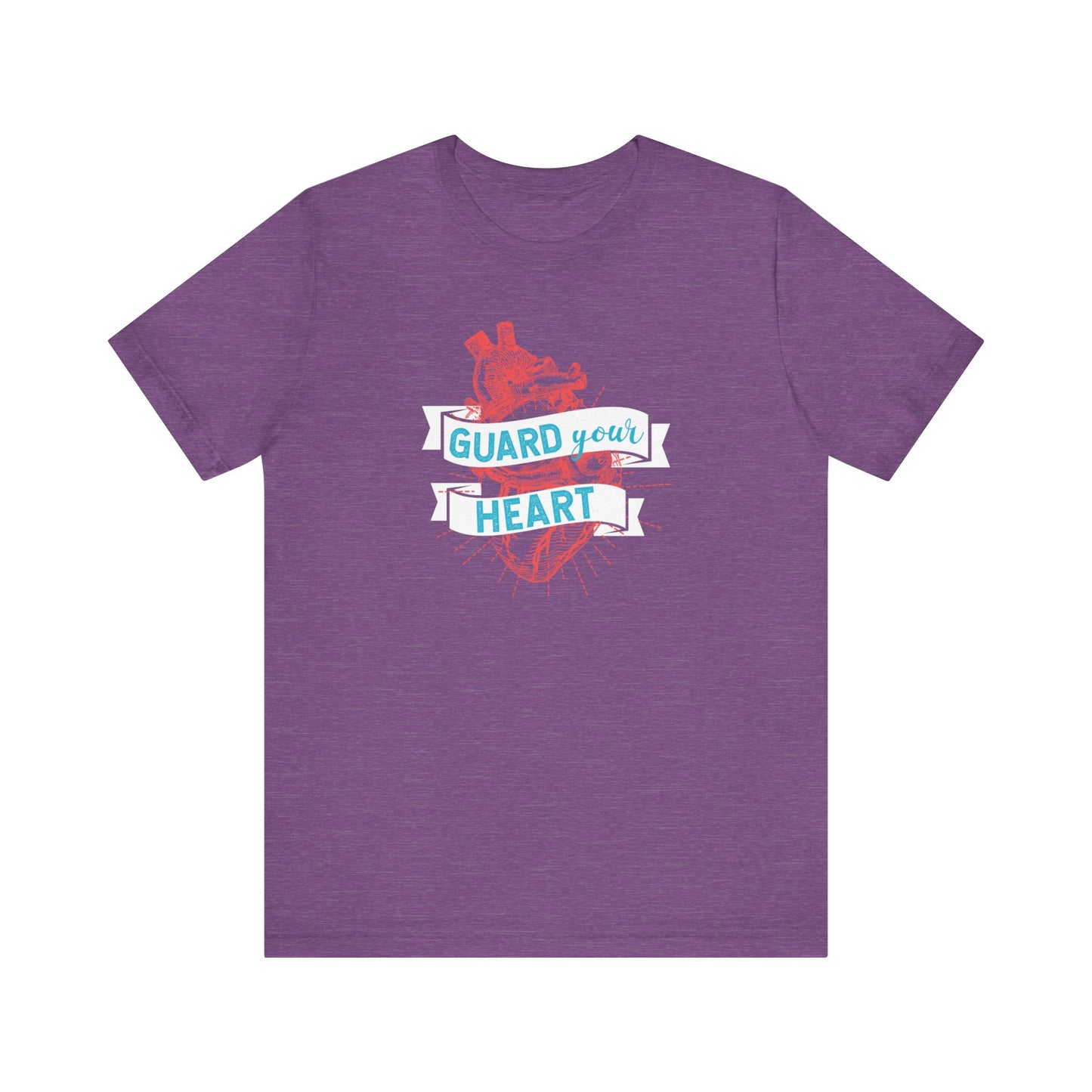 A cotton graphic tee stating 'Guard Your Heart' in color team purple
