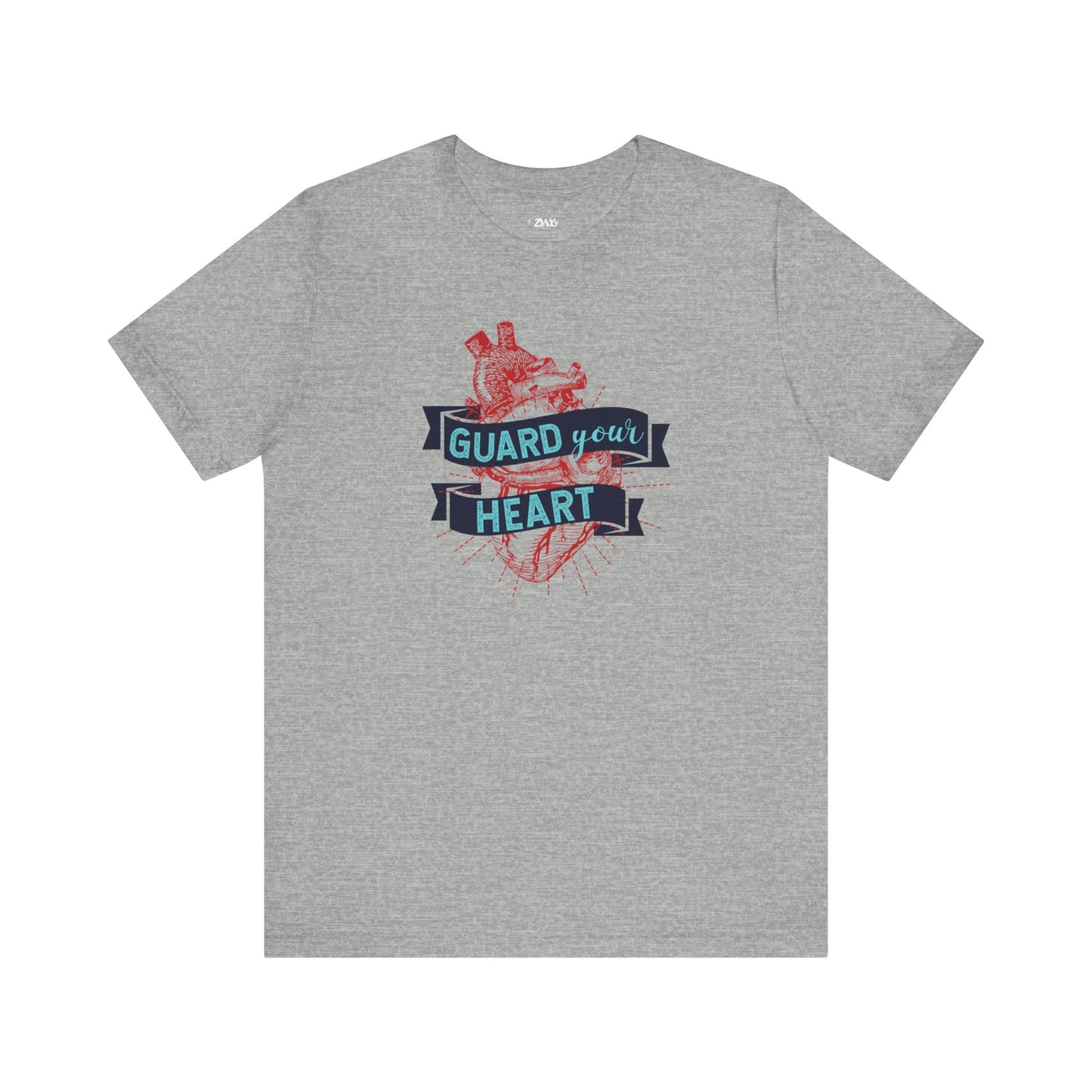 A cotton graphic tee stating 'Guard Your Heart' in color athletic heather