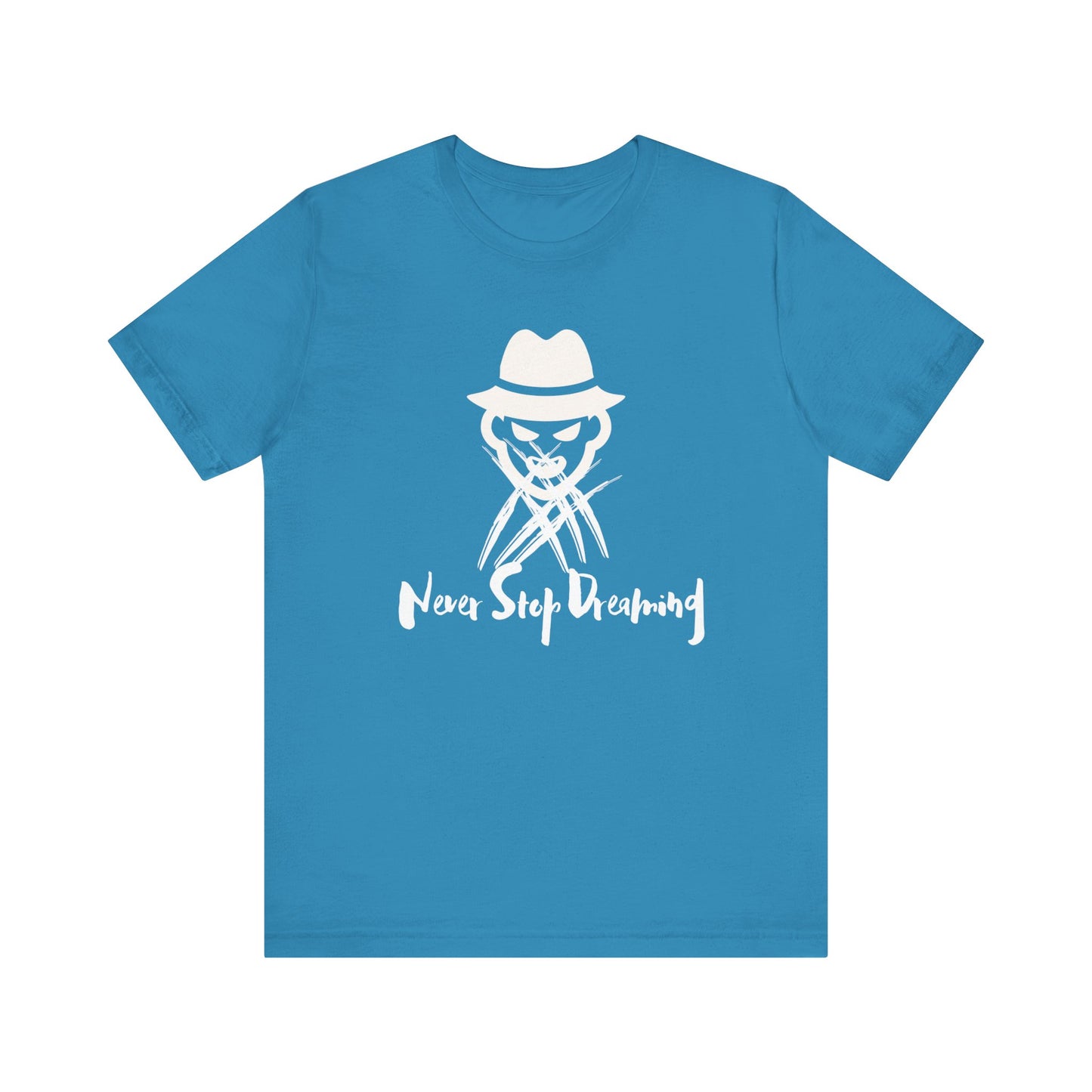 Comfortable Halloween unisex tee with Freddy Kruegar that states 'Never Stop Dreaming' in color aqua