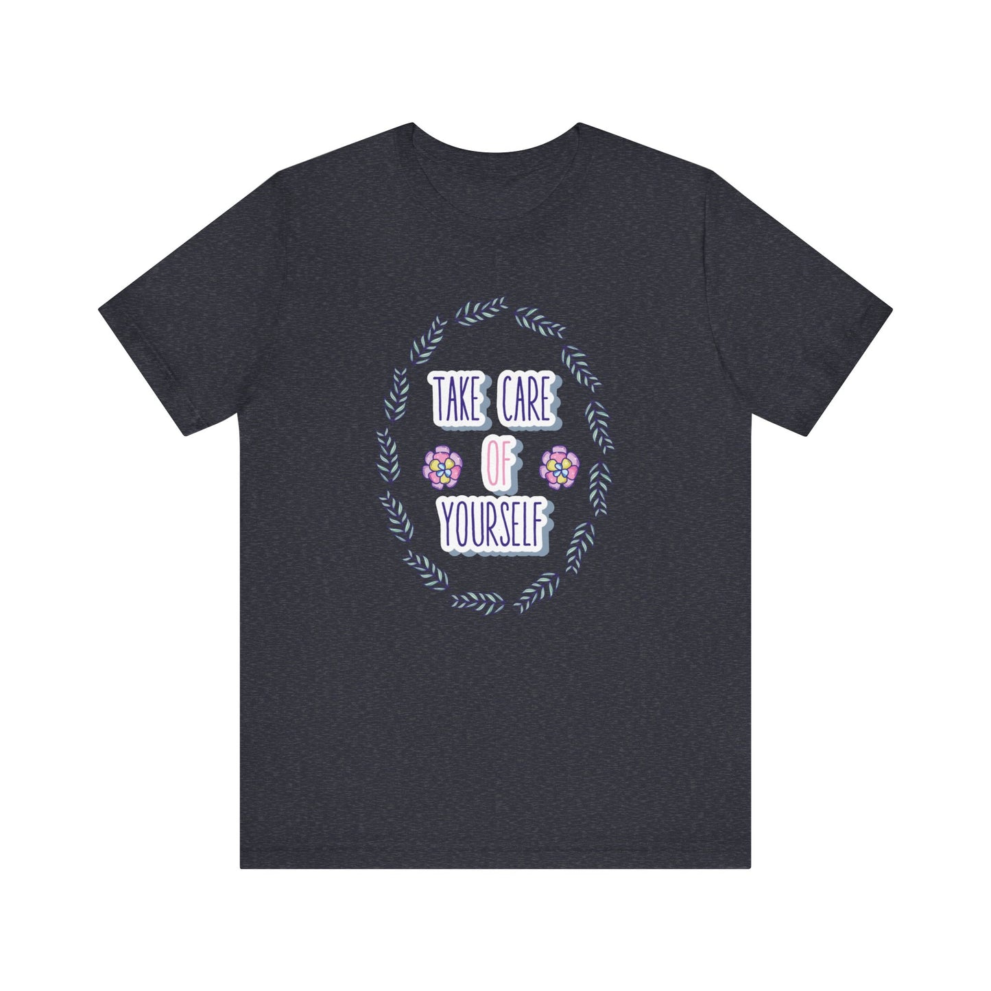 Woman's good vibe graphic tee stating 'Take Care of Yourself' in color navy heather