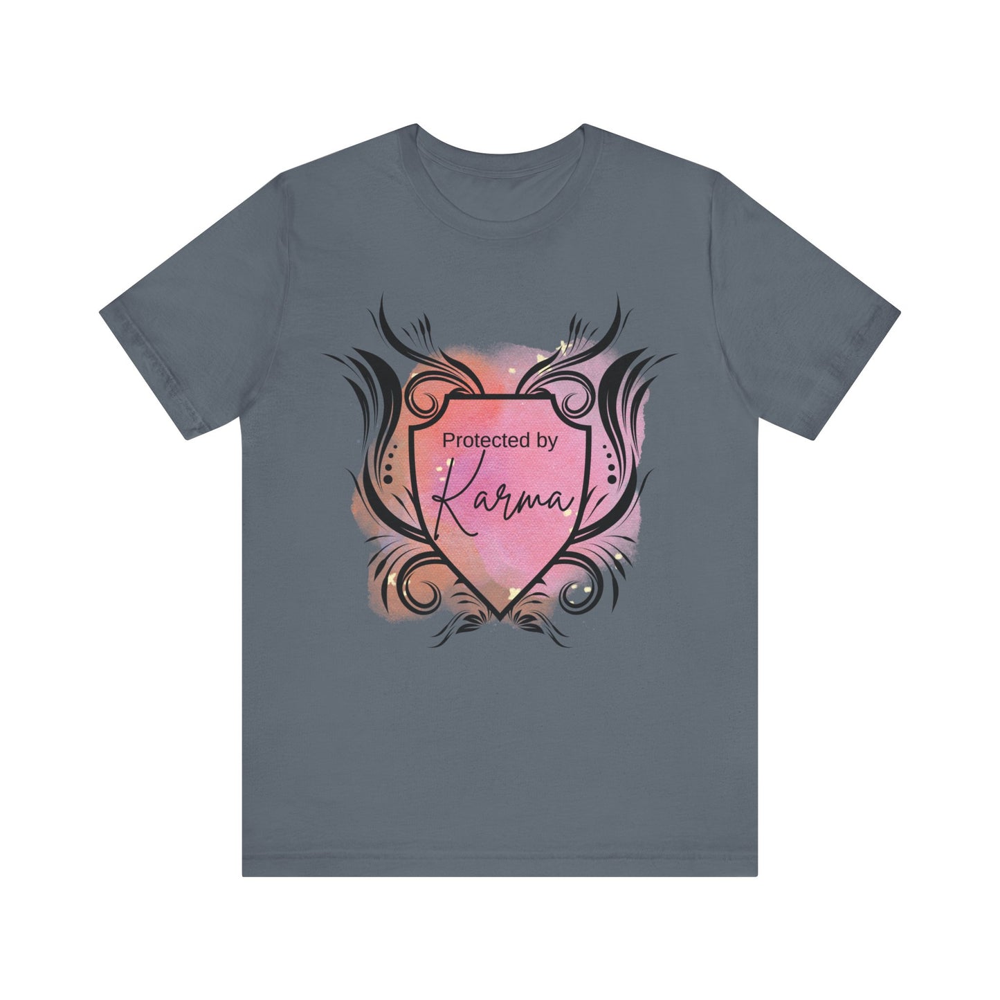 graphic tee stating Protected By Karma in color steel blue