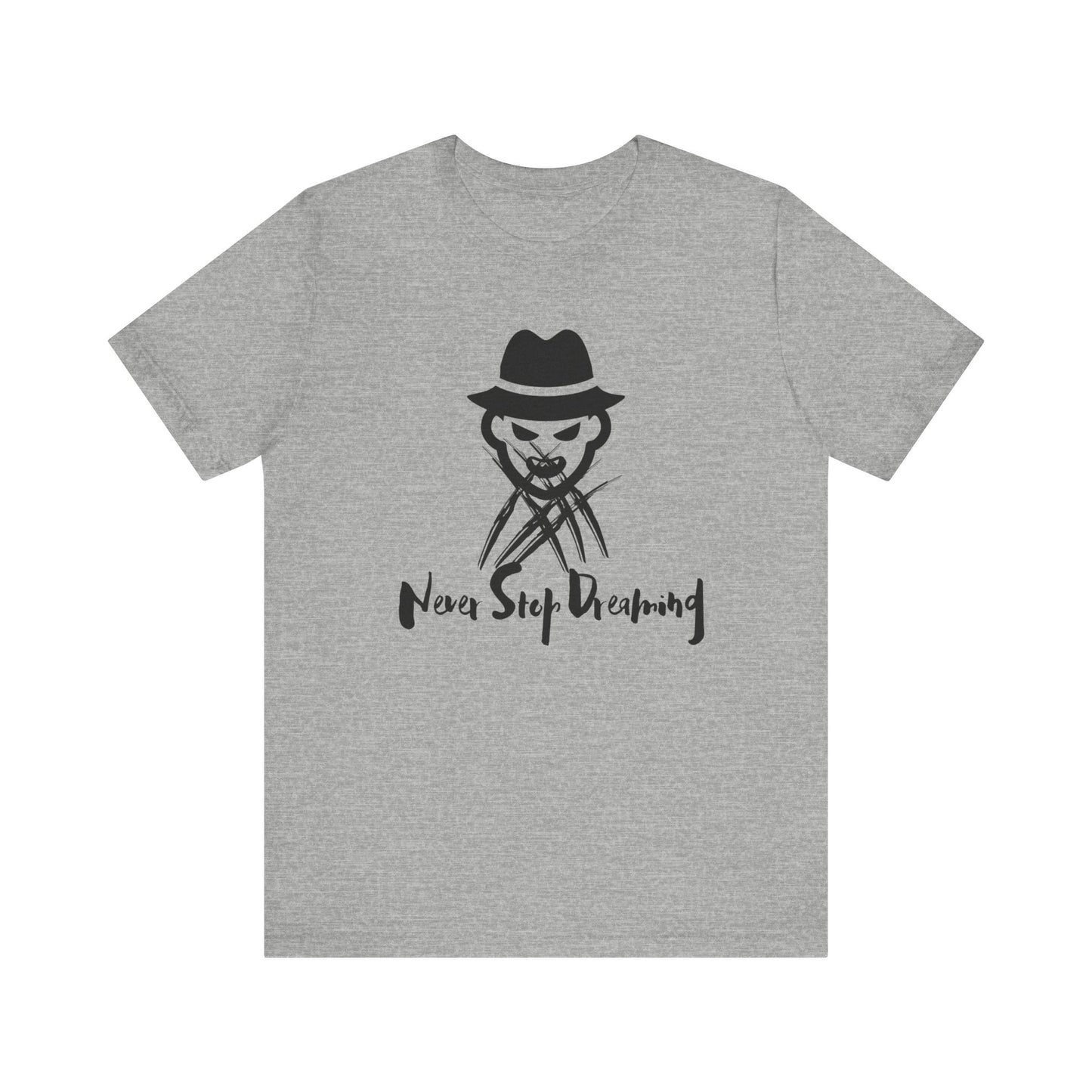 Comfortable Halloween unisex tee with Freddy Kruegar that states 'Never Stop Dreaming' in color athletic heather