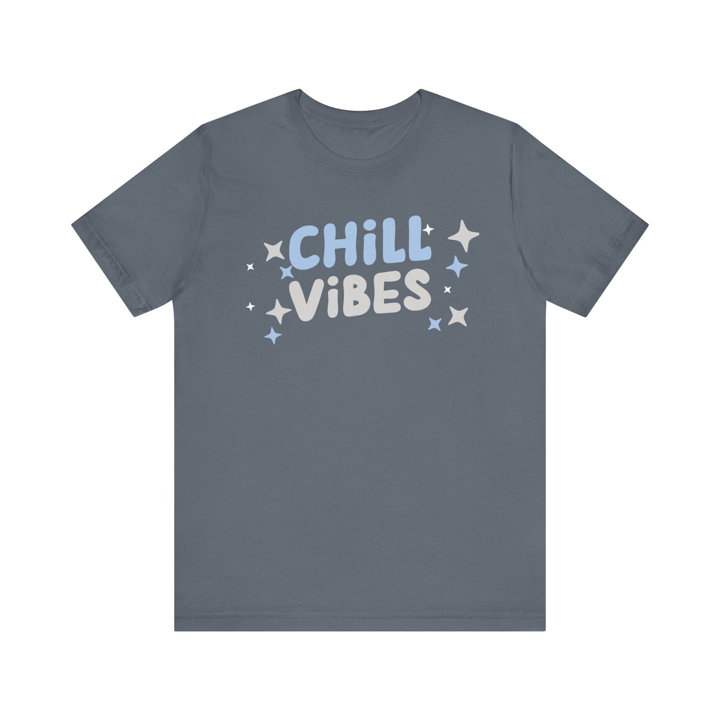 Cotton graphic tee stating 'Chill Vibes' in color steel blue