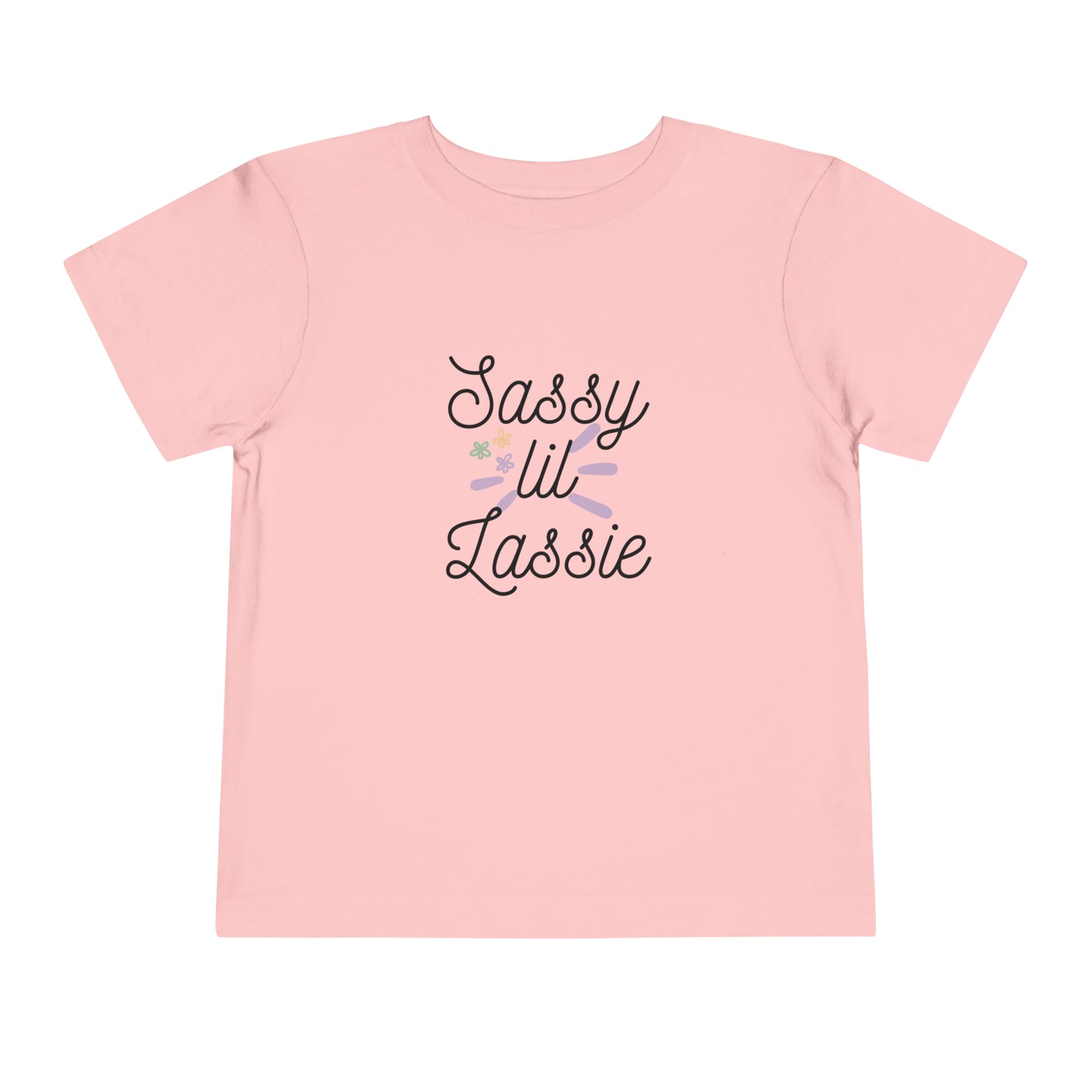 Comfortable funny graphic toddler tee stating 'Sassy Lil Lassie' in color pink