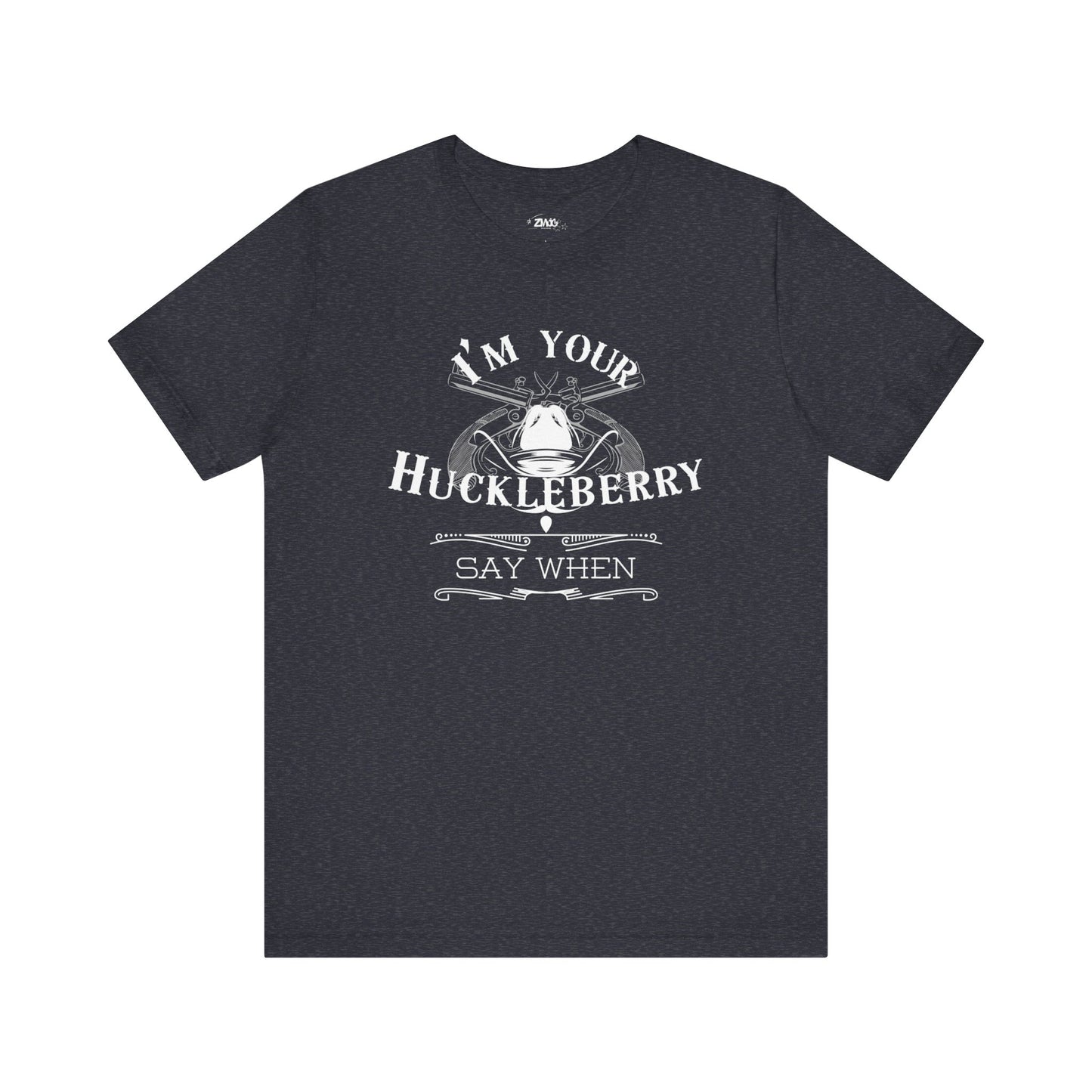 Comfortable movie quote graphic tee stating I'm Your Huckleberry - Say When in color heather navy