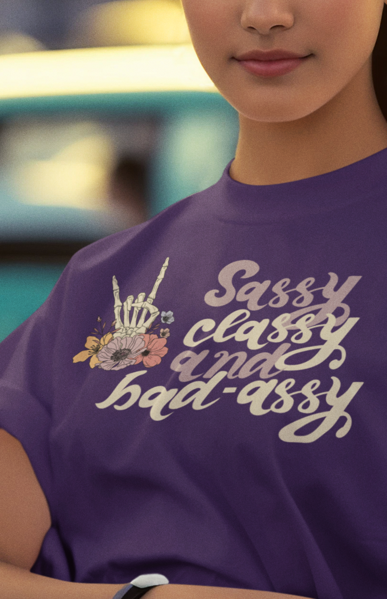 Women's graphic adult humor tee stating 'Sassy Classy and Bad-Assy' in color purple