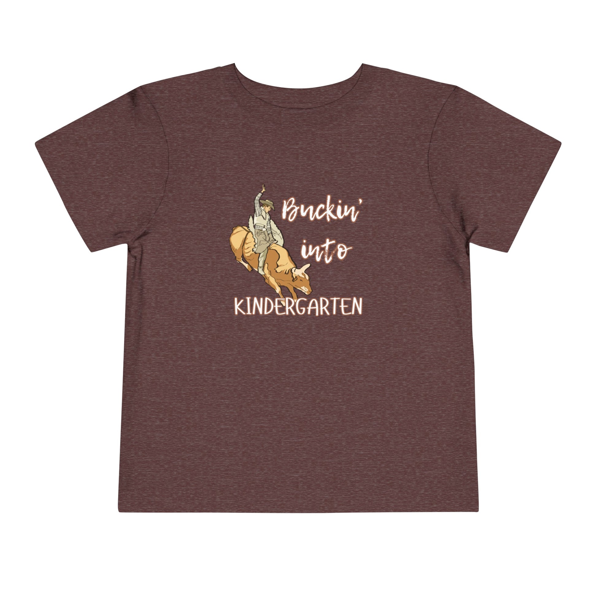 Comfortable toddler tee stating 'Buckin' into Kindergarten' in color heather maroon