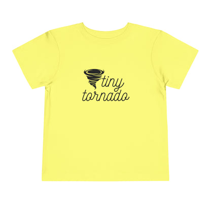 Comfortable funny graphic toddler tee stating 'Tiny Tornado' in color yellow