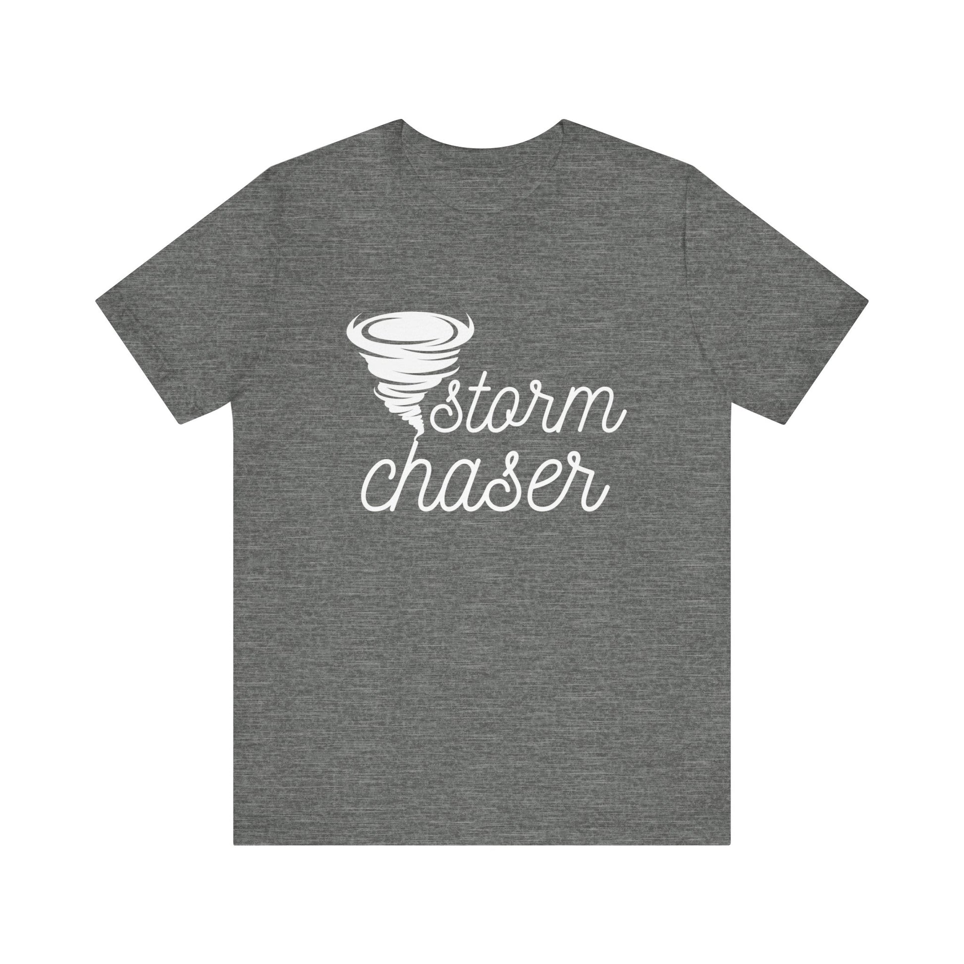Comfortable graphic tee stating 'Storm Chaser' in color steel heather