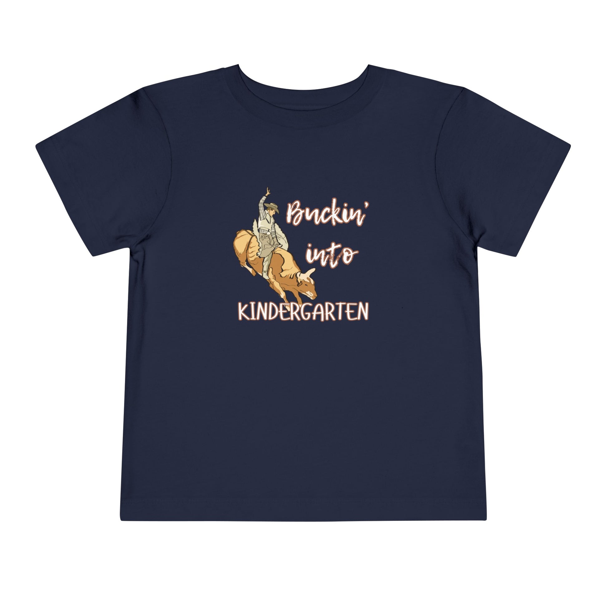 Comfortable toddler tee stating 'Buckin' into Kindergarten' in color navy
