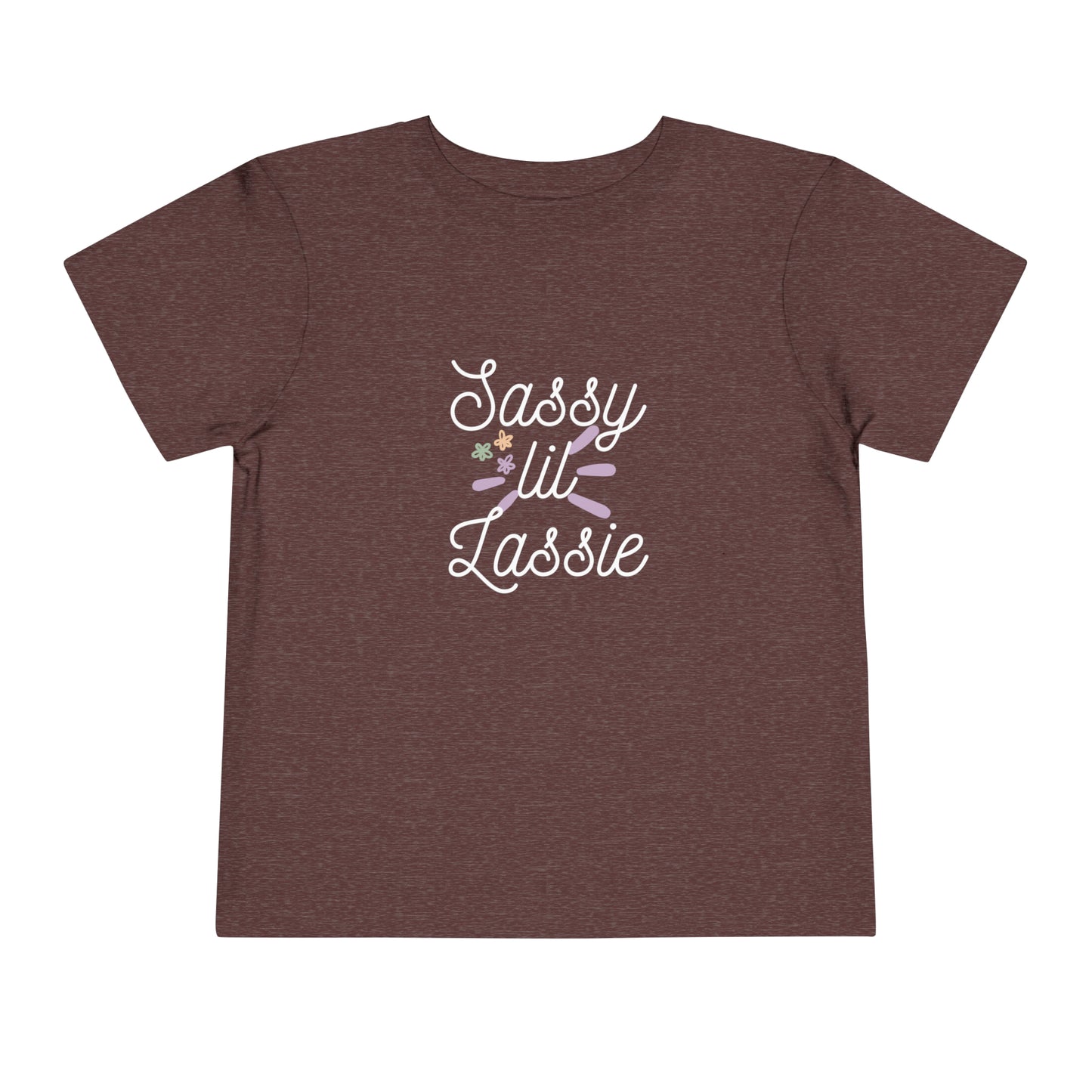 Comfortable funny graphic toddler tee stating 'Sassy Lil Lassie' in color  maroon heather