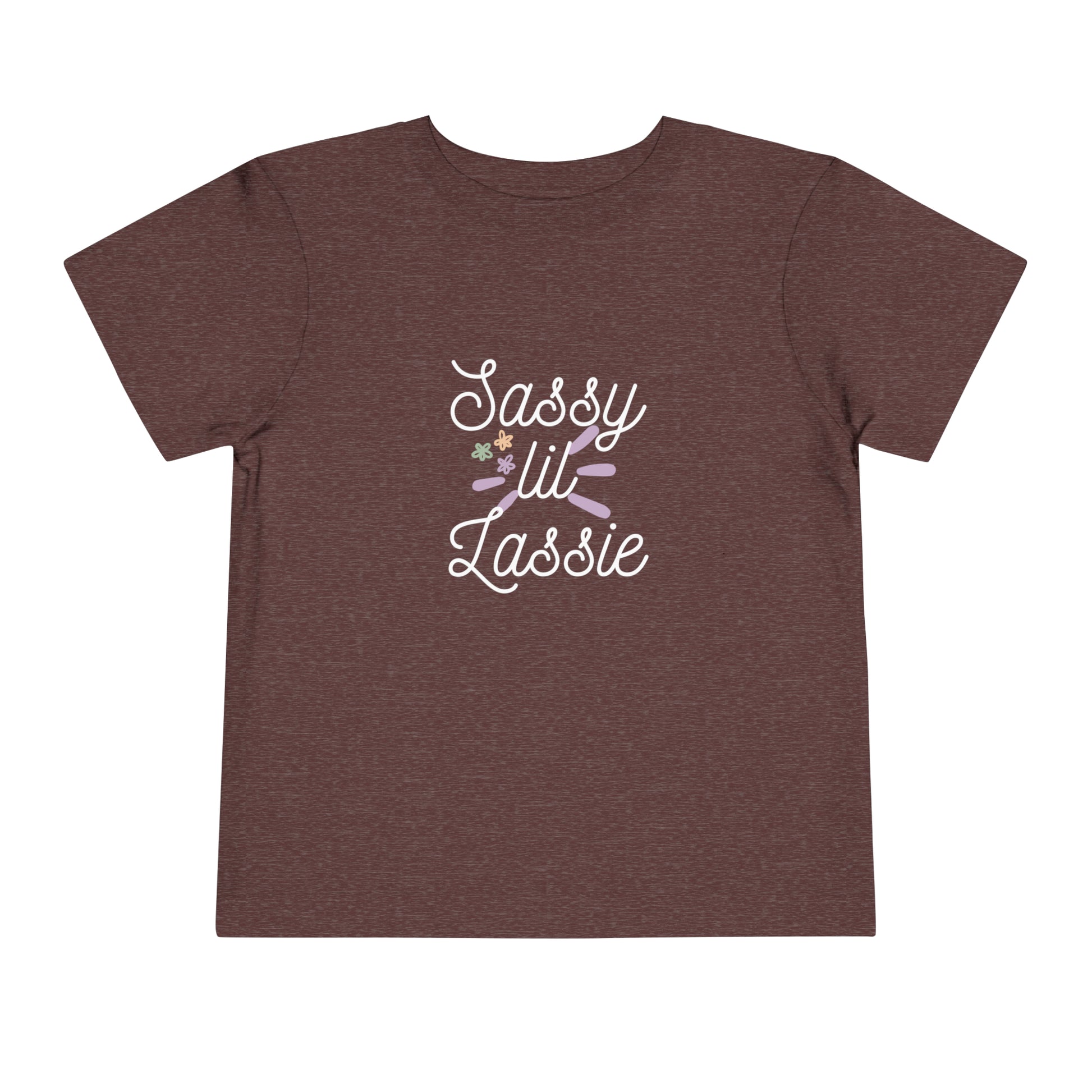 Comfortable funny graphic toddler tee stating 'Sassy Lil Lassie' in color  maroon heather
