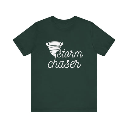 Comfortable graphic tee stating 'Storm Chaser' in color forest