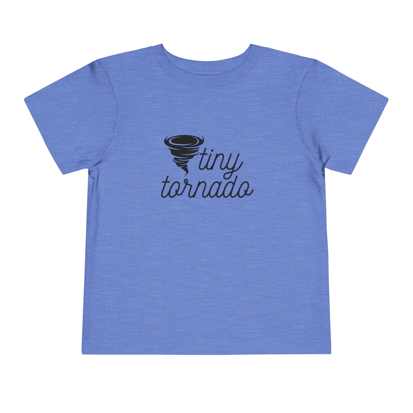 Comfortable funny graphic toddler tee stating 'Tiny Tornado' in color heather columbia blue