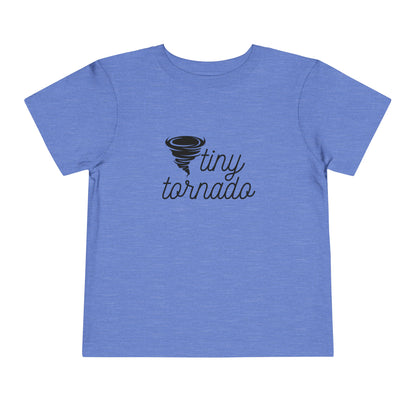 Comfortable funny graphic toddler tee stating 'Tiny Tornado' in color heather columbia blue