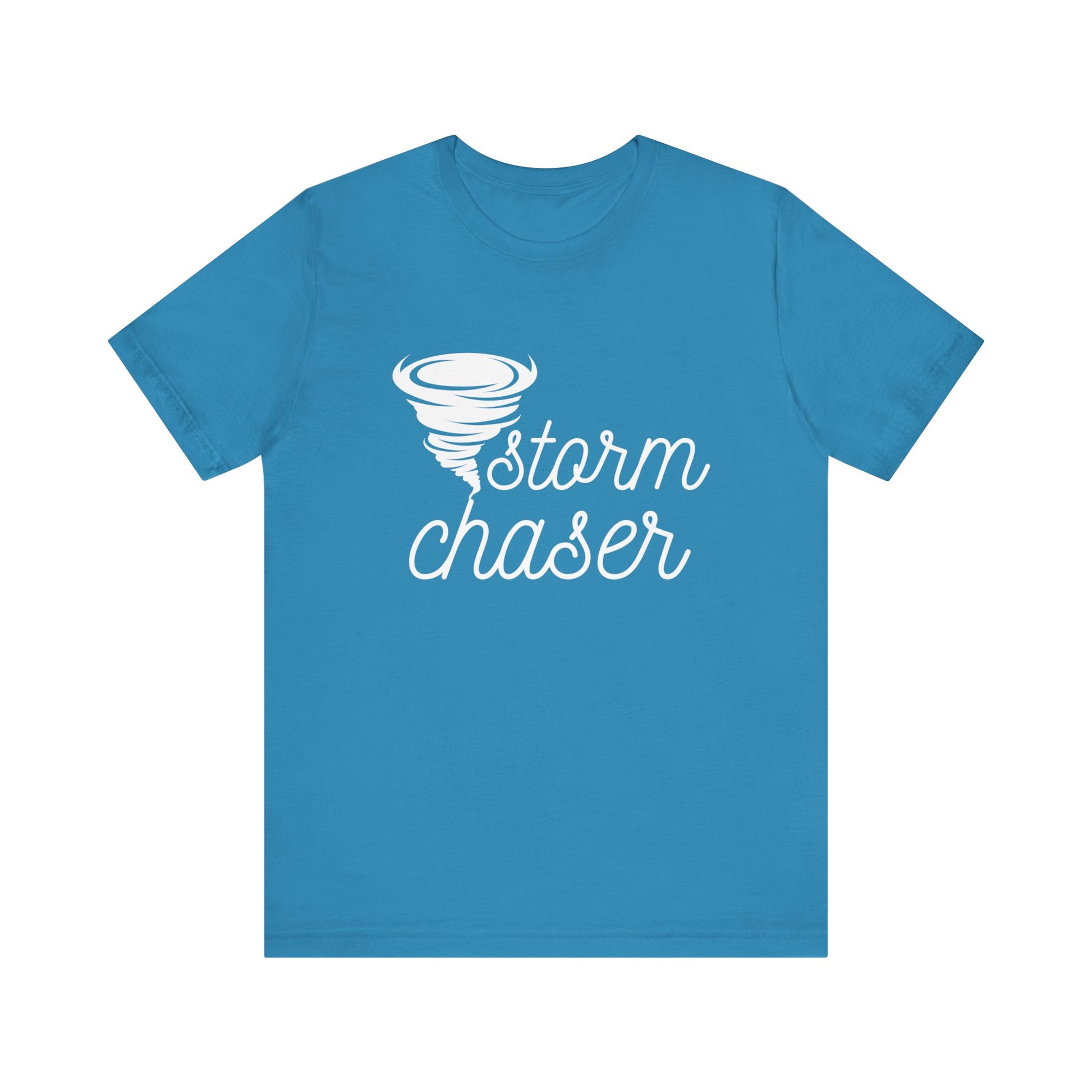 Comfortable graphic tee stating 'Storm Chaser' in color aqua