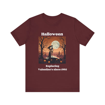 Comfy unisex tee stating 'Halloween replacing Valentine's since 1993' in color maroon
