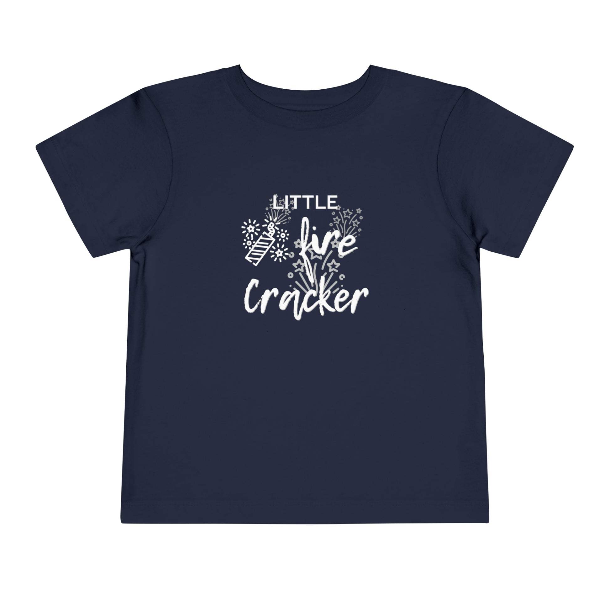 Comfortable funny graphic toddler tee stating 'Little Fire Cracker' in color navy