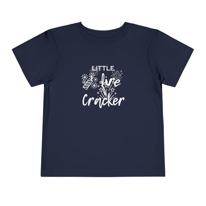 Comfortable funny graphic toddler tee stating 'Little Fire Cracker' in color navy