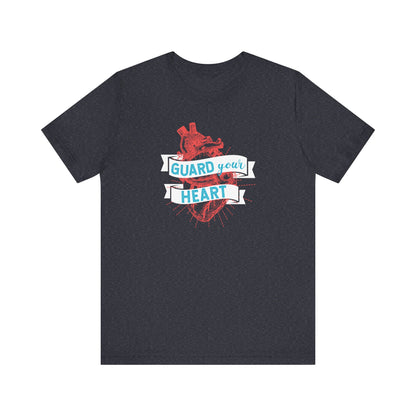 A cotton graphic tee stating 'Guard Your Heart' in color navy heather