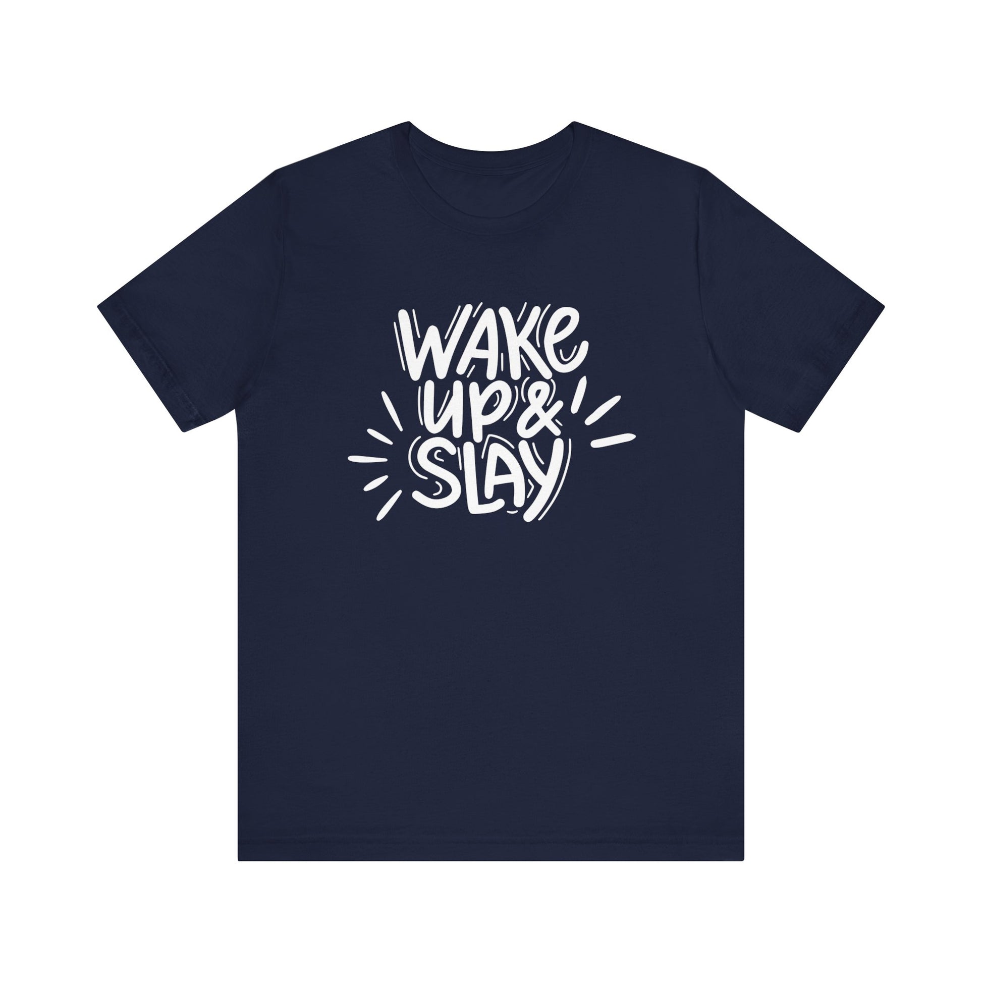 Women's good vibes graphic tee stating 'Wake up and slay' in color navy