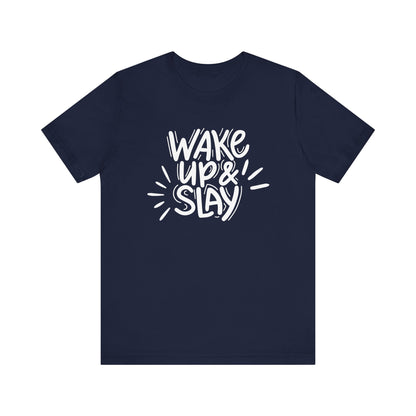 Women's good vibes graphic tee stating 'Wake up and slay' in color navy