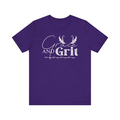 Comfortable southern tee stating 'Grace and Grit' in color purple