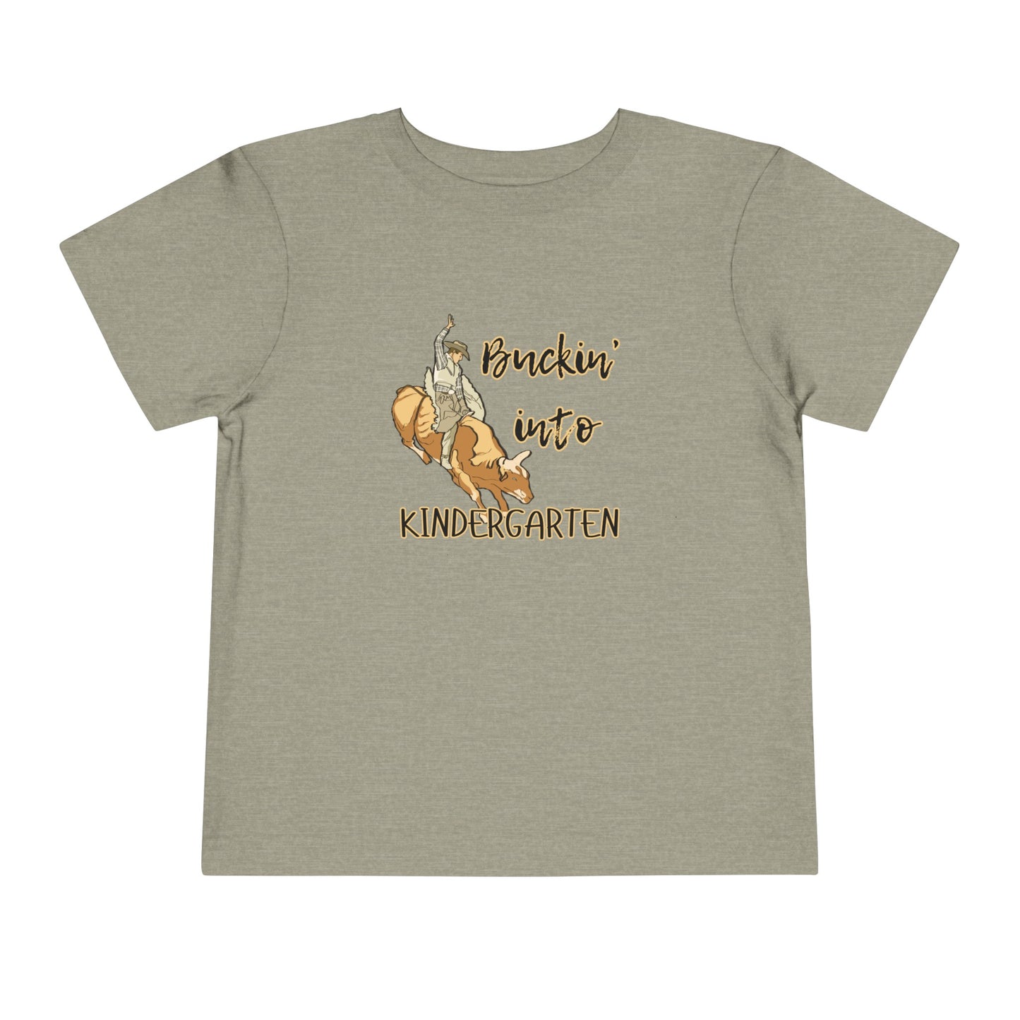 Comfortable toddler tee stating 'Buckin' into Kindergarten' in color heather stone