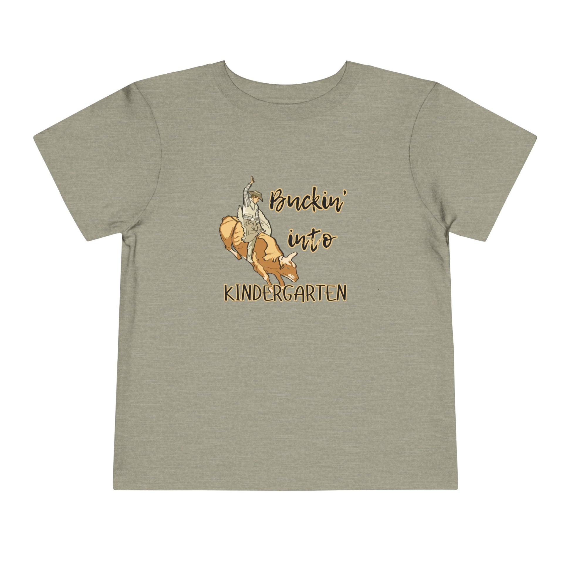 Comfortable toddler tee stating 'Buckin' into Kindergarten' in color heather stone